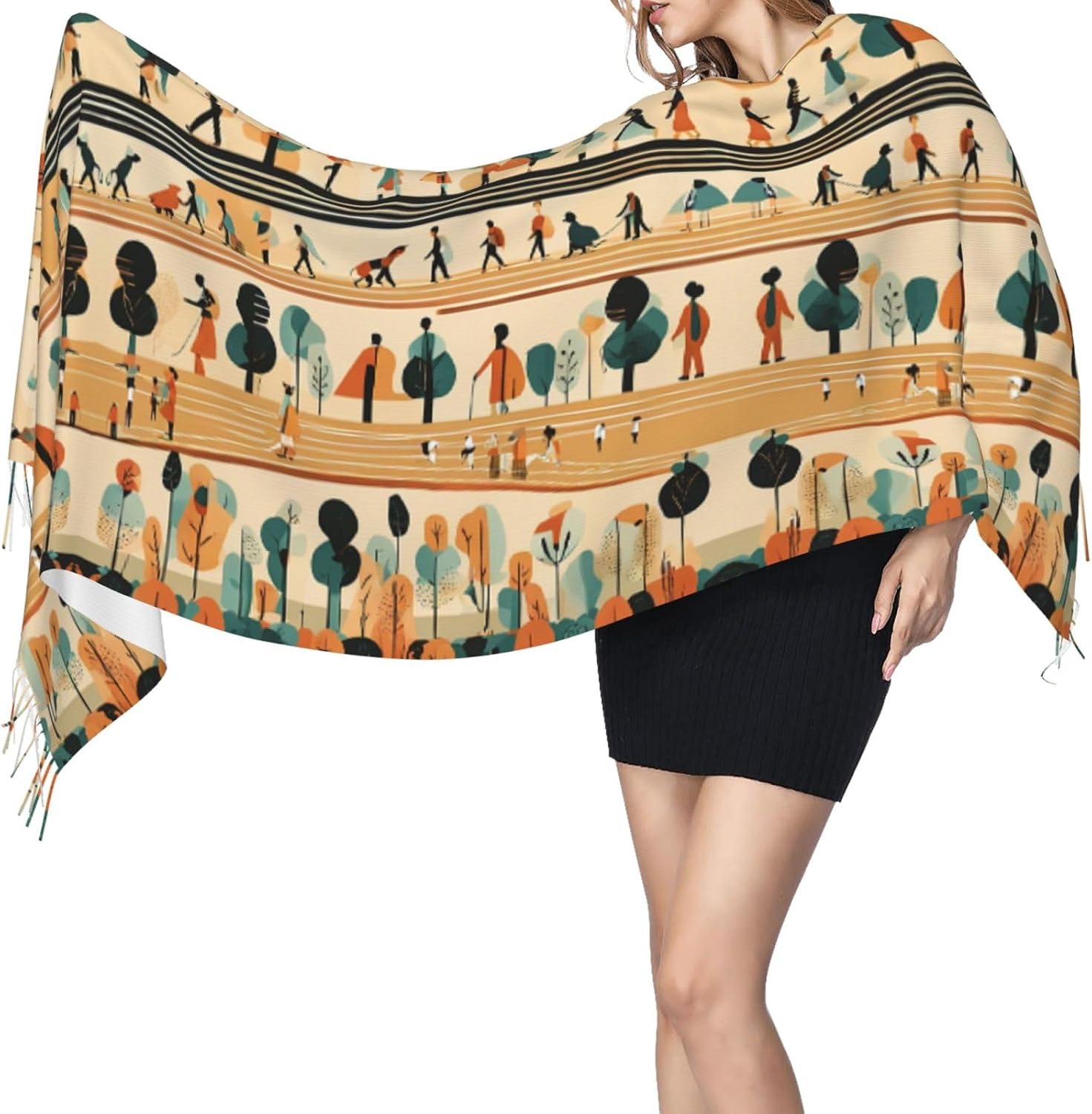 (Bohemia Style Traditional African Pattern) Women's Soft Warm Scarf Large Plush Shawl Wrap with Fringe Fashion Winter Scarves for Cold Weather