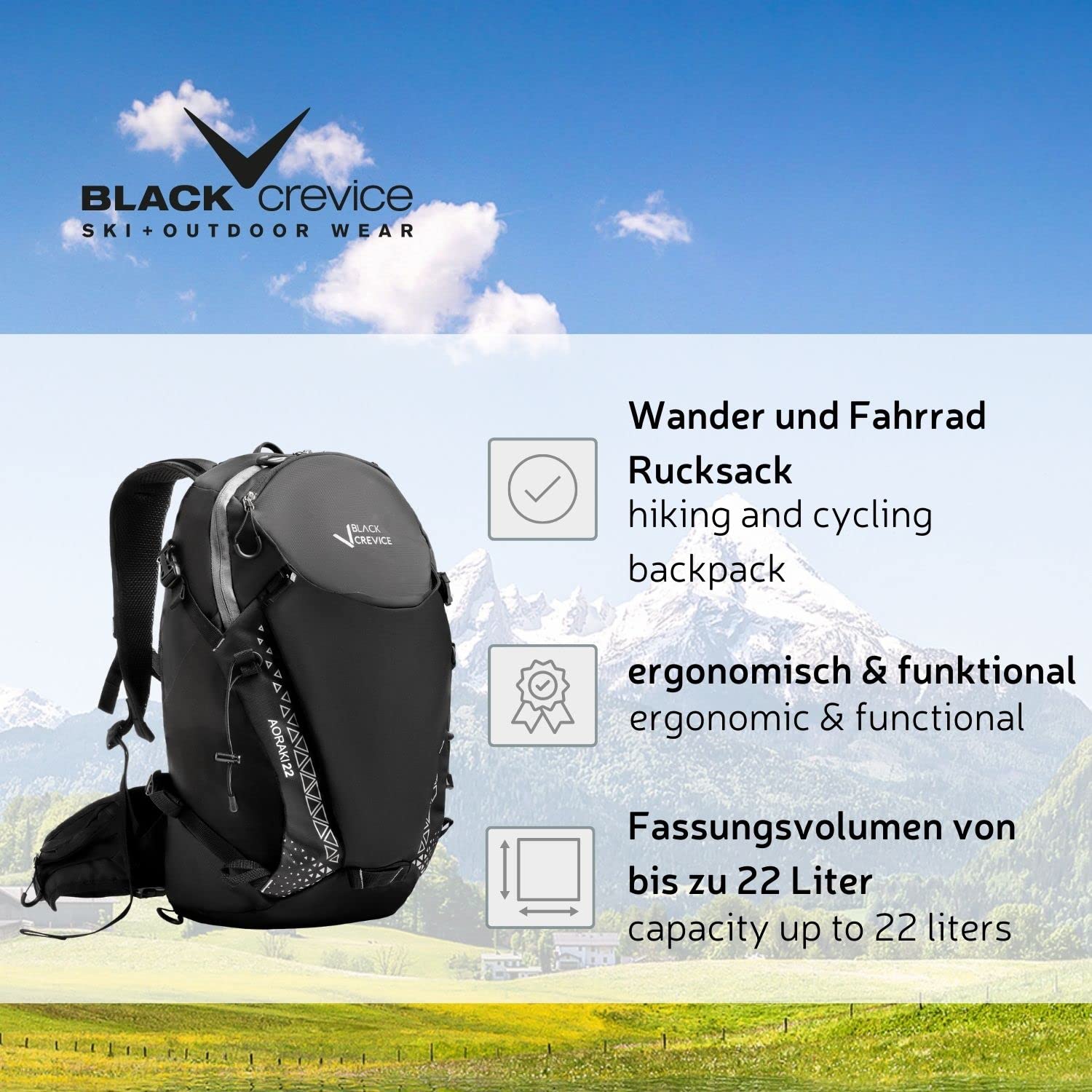 Black Crevice Wander & Bike Rucksack AORAKI 22 L I Hochwertiger Outdoor Rucksack mit Trinksystem & Regenhülle I Verstellbarer Skirucksack I Ergonomischer Backpacker Rucksack Damen & Herren
