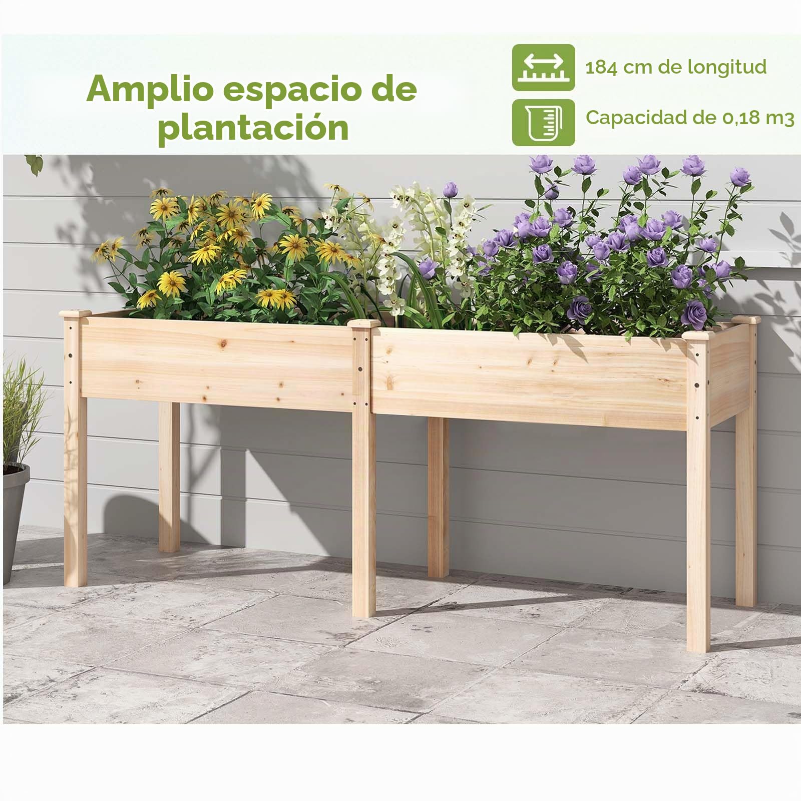 HOMASIS Huerto Urbano Elevado de Madera, Rectangular Cama de Jardín con 8 Orificios de Drenaje, Mesa Jardinera de Cultivo para Verduras, Flores, Frutas Patio Terraza (Natural)