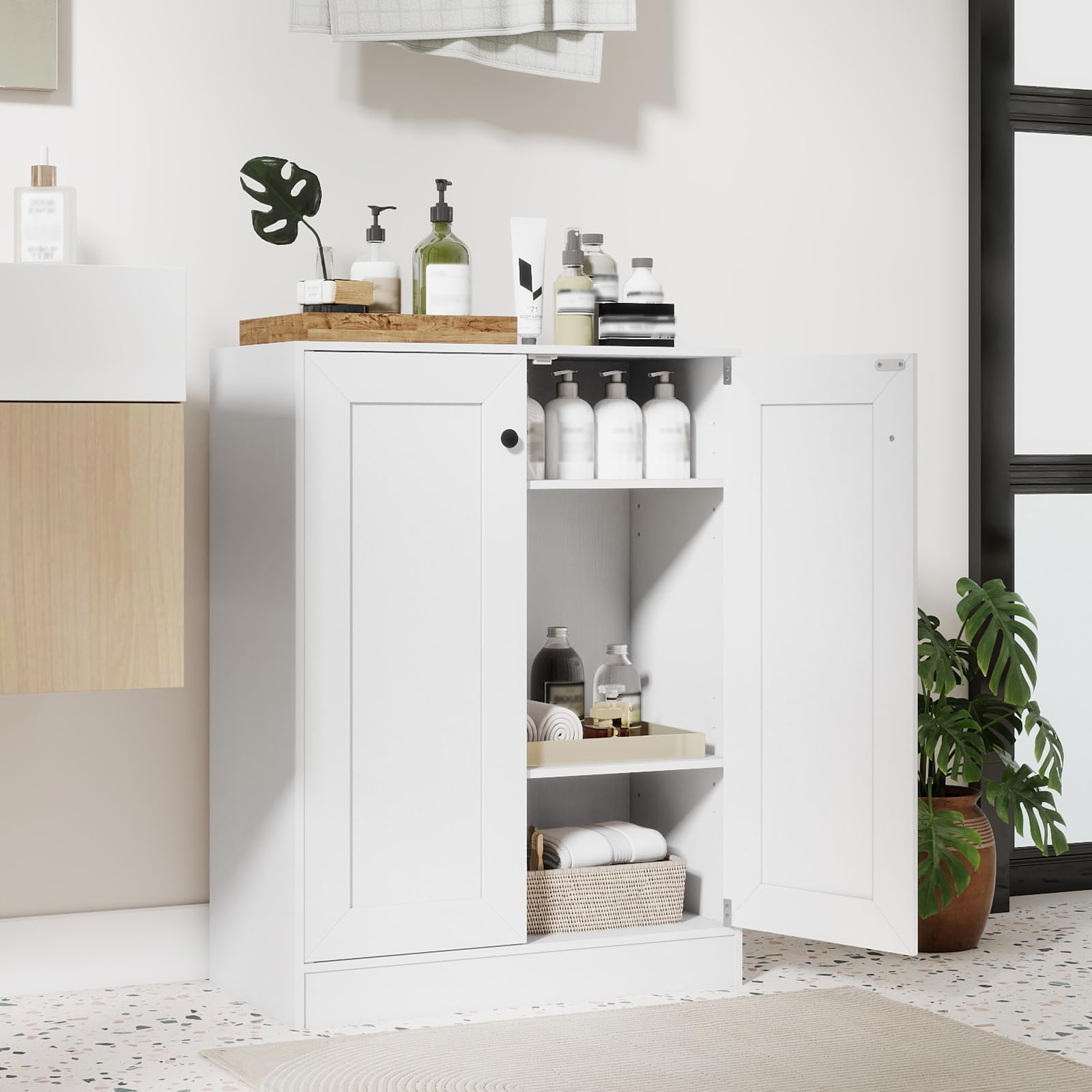 KOMFOTTEU Buffet Bas avec 2 Portes, Meuble Rangement de Cuisine, 3 Niveaux avec 2 Étagères réglables & Kit Anti-basculement, pour Salon, Salle à Manger, Chambre, Entrée, Blanc, 60 x 30 x 80 cm