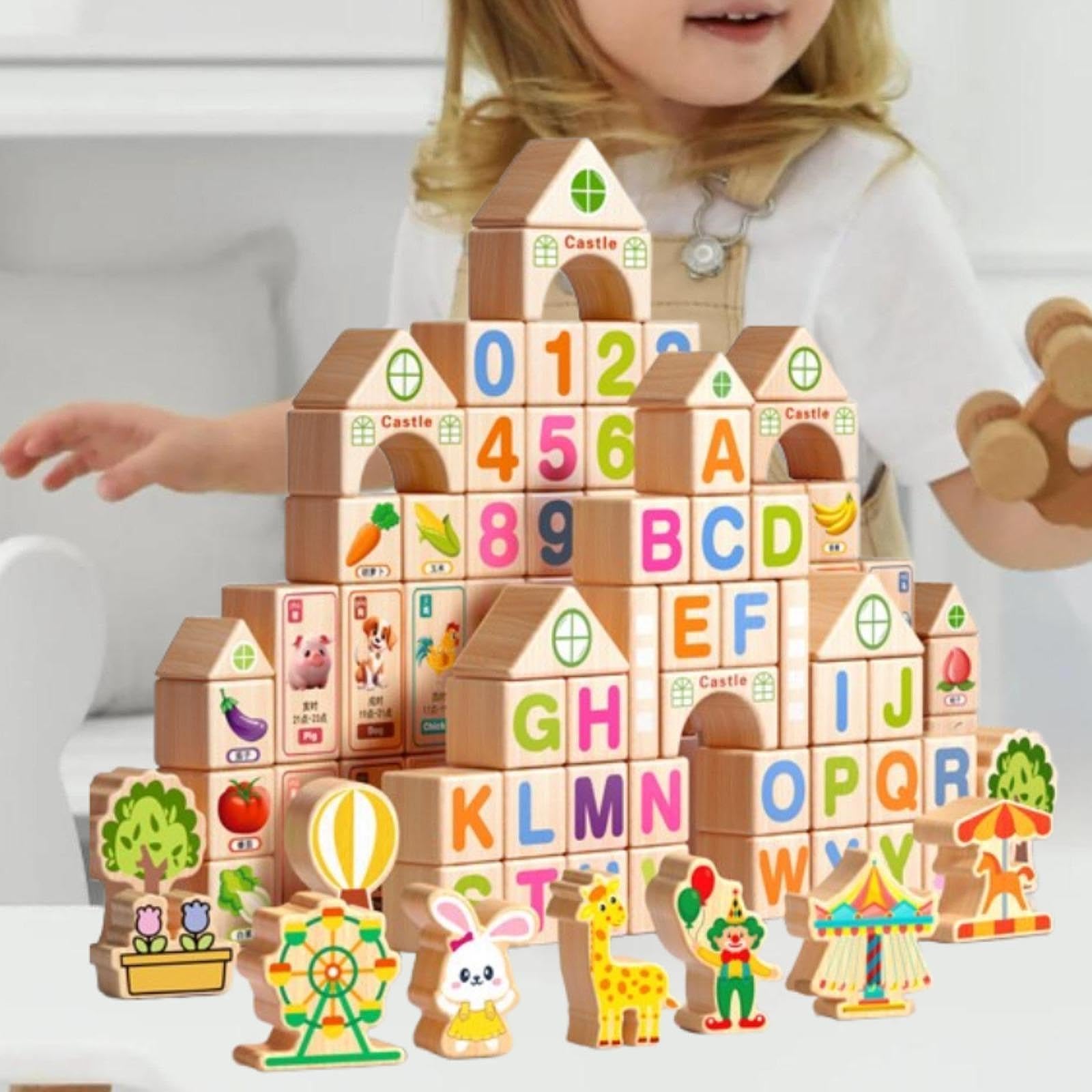 100 Pièces Blocs de Construction Jouet Éducatif en Bois Jeu D'Empilage Cubes Sensoriels avec Lettres et Chiffres pour Le Développement Cognitif Adapt, Emballage en Fût
