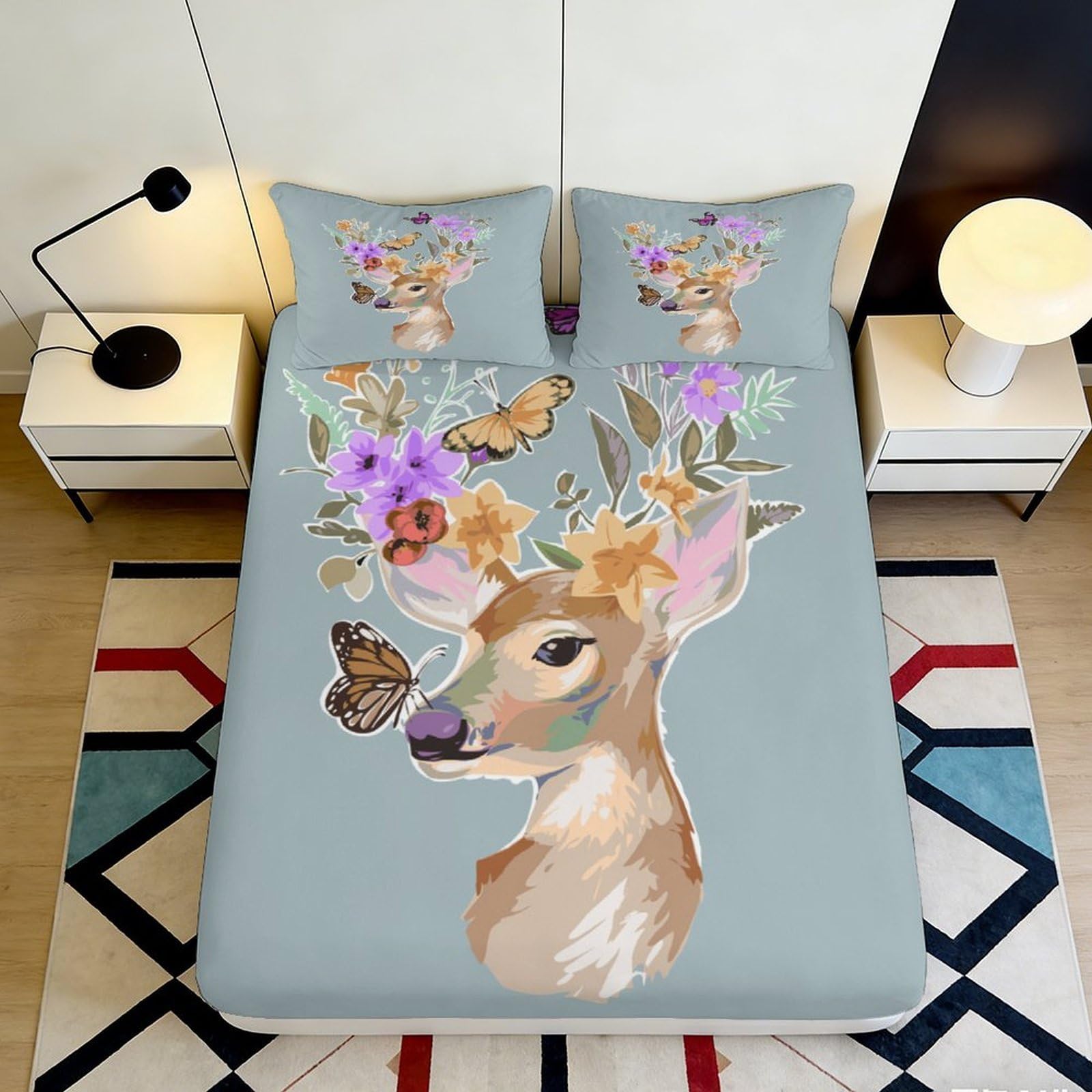 3D Printed Deer Butterfly Fitted Sheet Microfiber Soft Floral Mattress Cover Anti-Slip Washable Bed Decor for Bedroom Guest Room 140x200x25cm