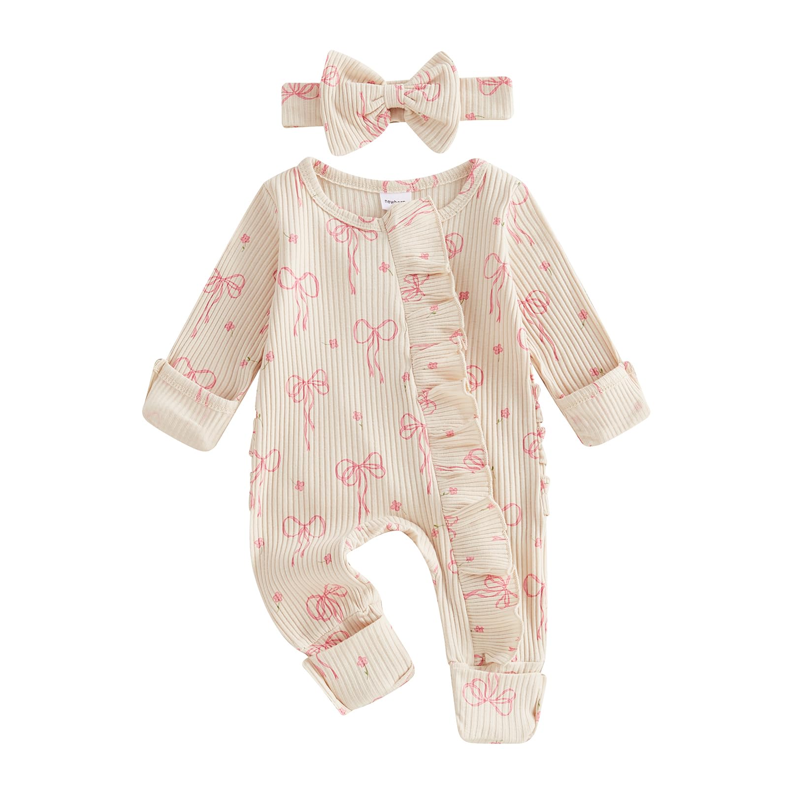 Newborn Baby Girl Clothes Preemie Coming Home Outfit Ruffle Romper Cute Ribbed Jumpsuit Headband