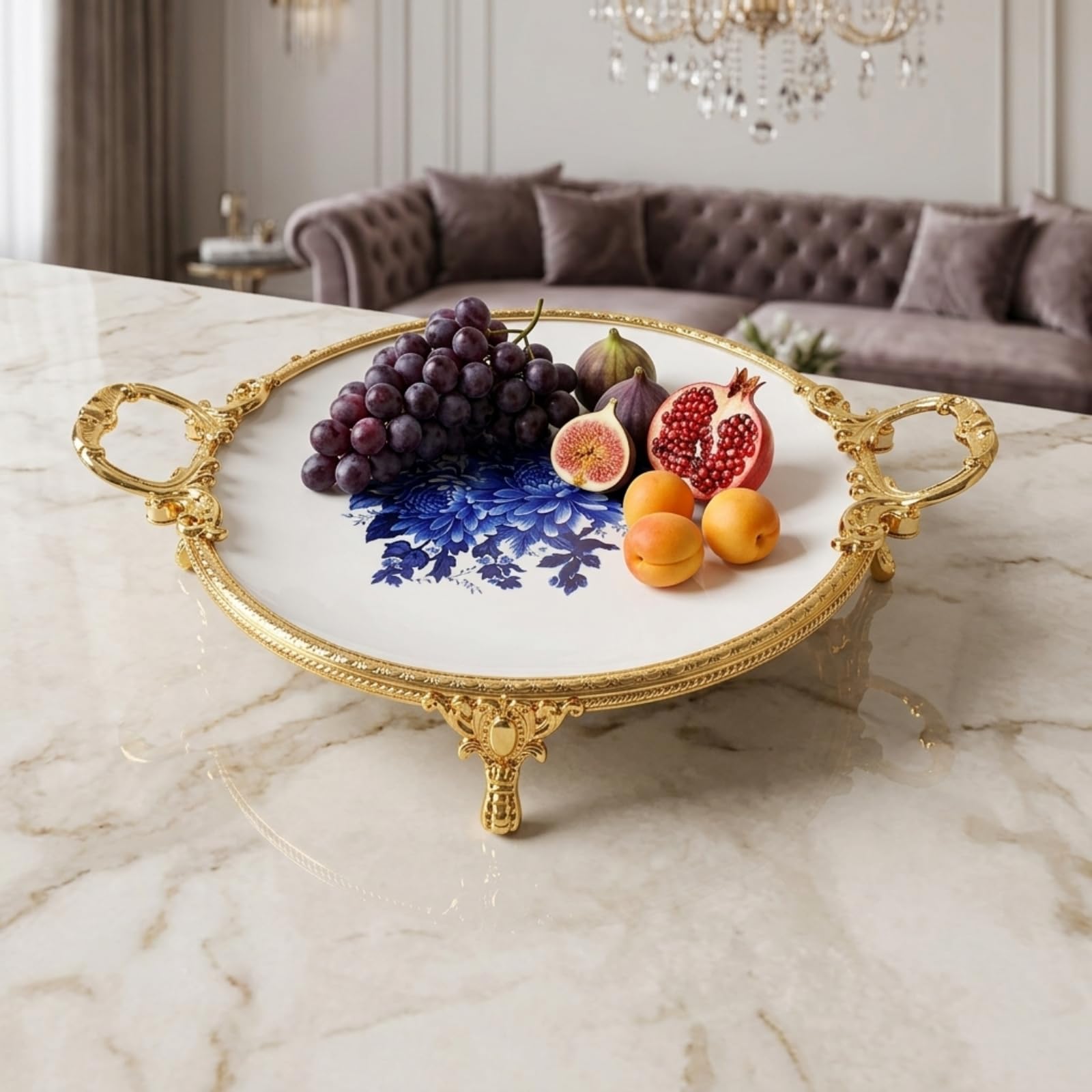 Plateau à Fruits Surélevé | Motif Floral Imprimé, Plat Présentation sur Pied, Décoratif, Vaisselle, pr Réceptions, Hôtes, Bleu