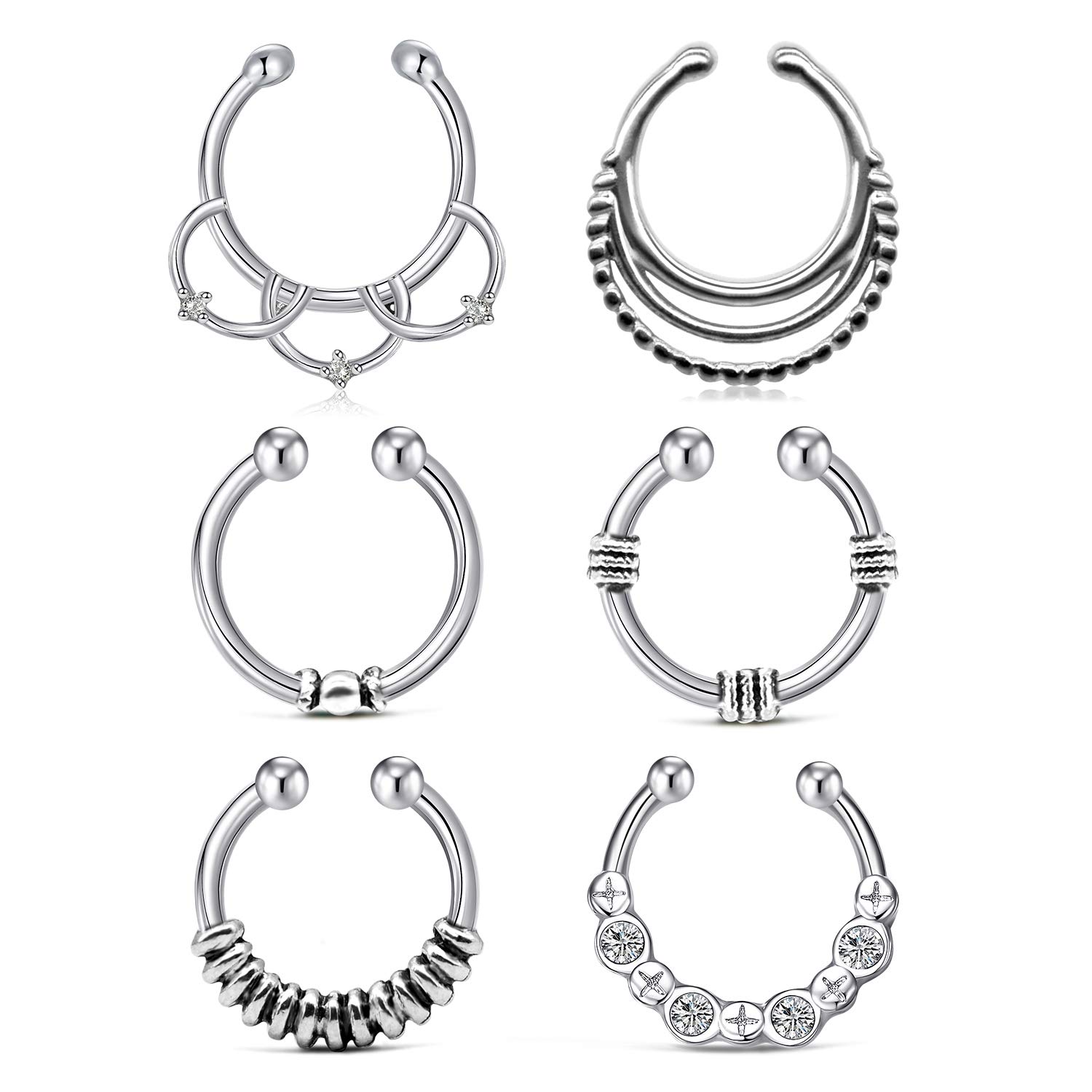 Crdifu 6pcs Anillo de Nariz Falsa aro Anillo de tabique sin Piezas joyería de Piercing de Plata de acero Inoxidable