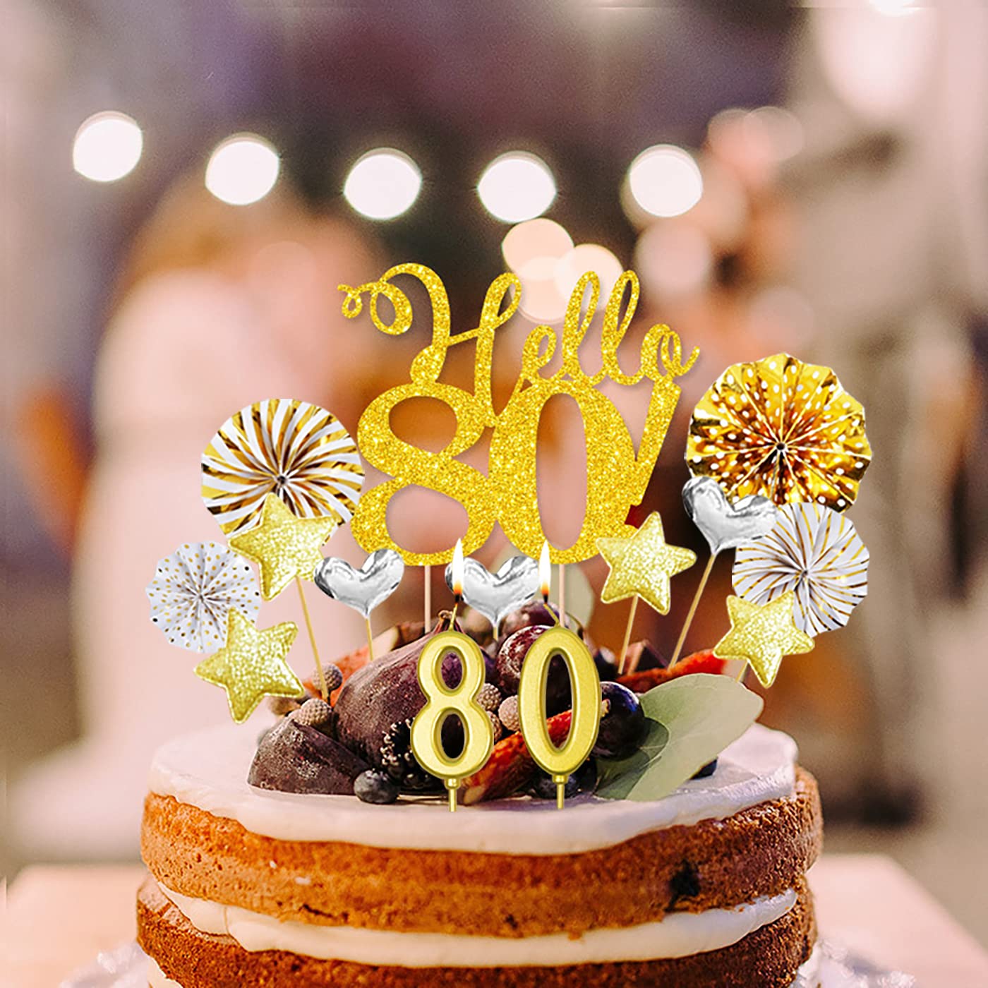 Lot De 20 Décorations Gâteau Anniversaire 80 Ans Dorées - Homme Et Femme - Avec Bougies
