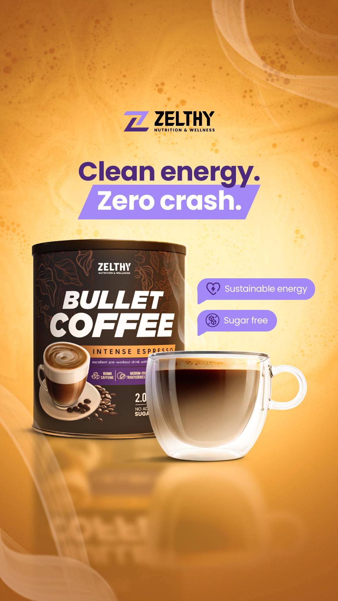 Zelthy Nutrition Bullet Coffee – Caffè funzionale con MCT, collagene e taurina – 300 g polvere senza zuccheri (Caramello salato)