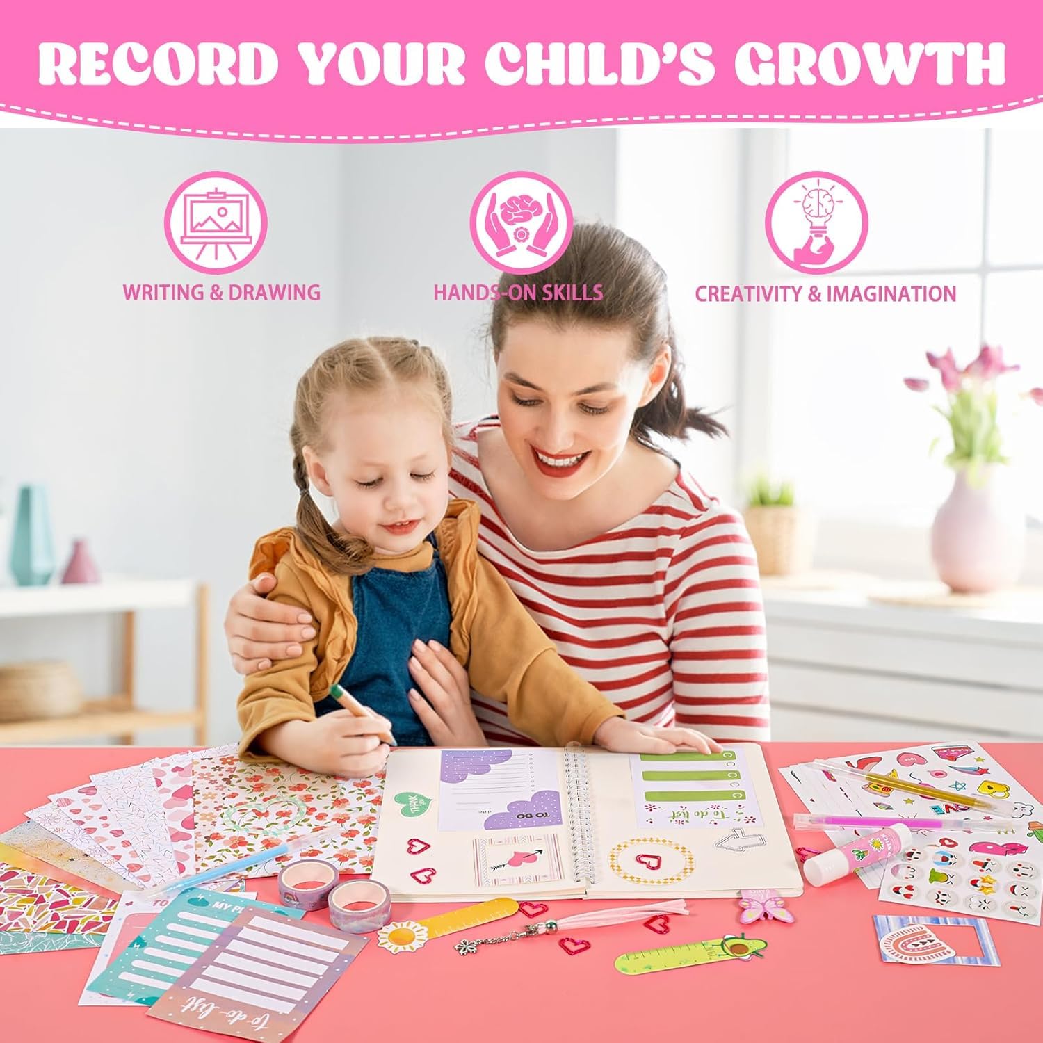 Gifts for Ages 4-14 Girls : DIY Journal Kit for Tween Teen Girls 4 5 6 7 8 9 10 11 12 13 14 Year Old - Scrapbook & Diary Art Crafts Kit,Journaling Art Crafts Kit,Birthday Gifts for Kids Age4+