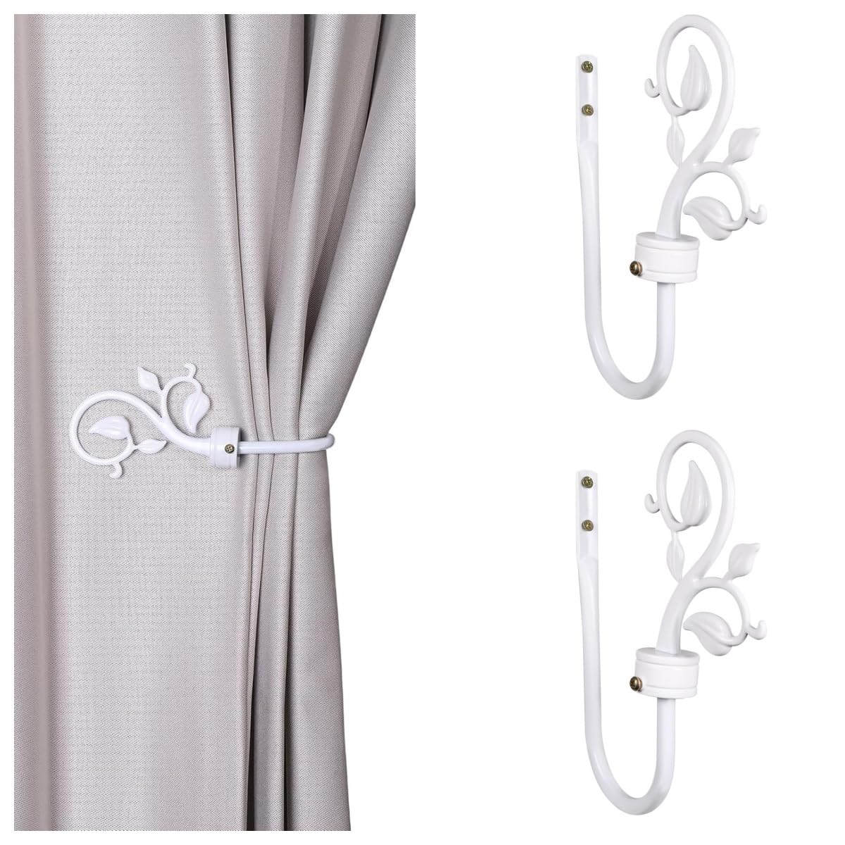 Leaf Shaped Curtain Holdbacks 2pcs, Handmade Metal Curtain Holders for Wall, Antique Brass Curtain Tieback Hook Pull Backs for Drapes Window Home Decoration (White)