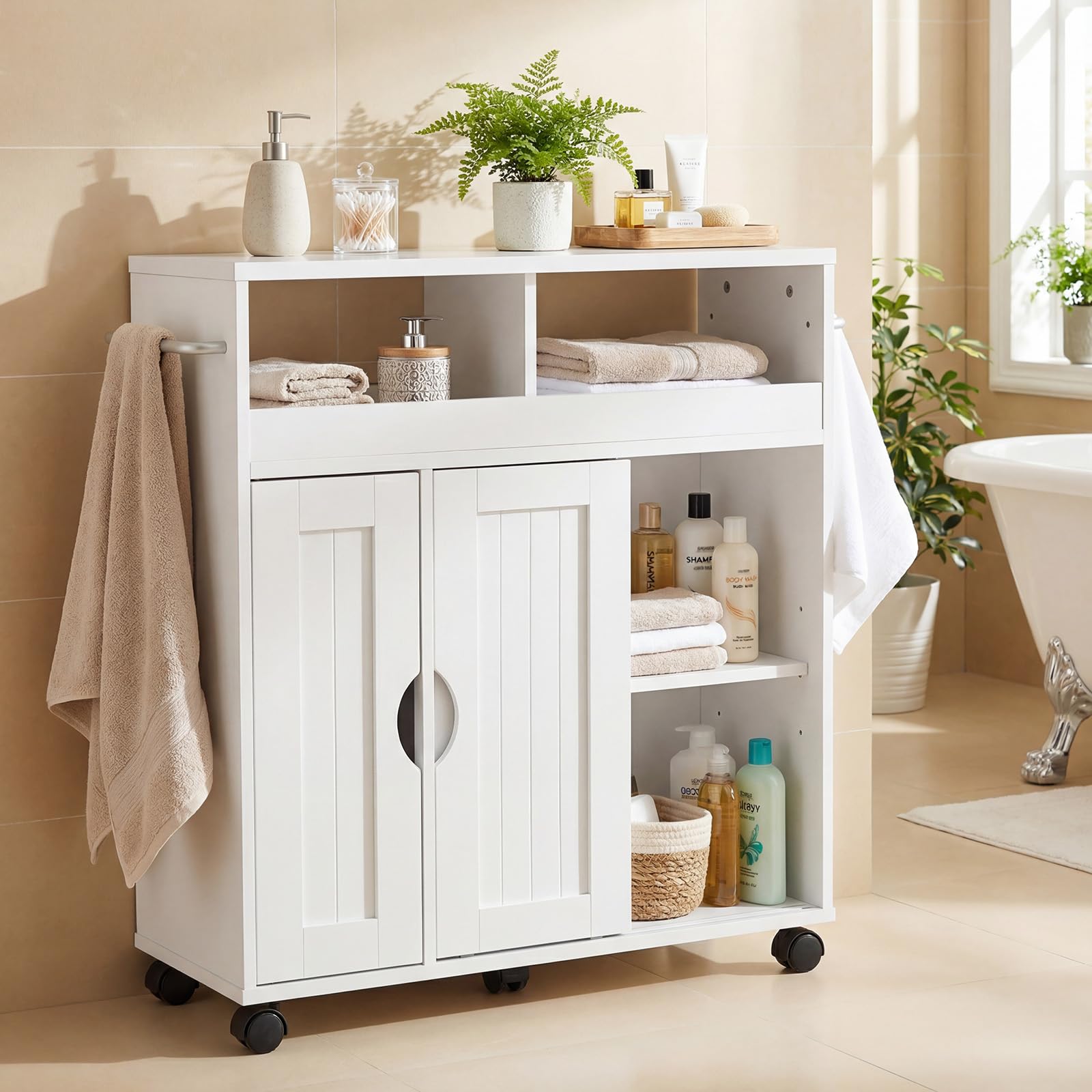 COSTWAY Nischenschrank mit Rollen, Badezimmerschrank schmal mit verstellbarem Regal & Handtuchhalter & Schiebetüren, Badrollwagen, Nischenwagen für Bad, Küche, kleine Räume, 75 x 20 x 72 cm