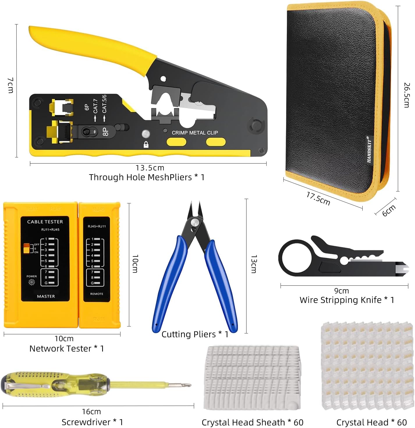 Pass Through RJ45 Crimp Tool Ethernet Crimping Tools Kit Punchdown Tool Wire Stripper Cutter Crimper Tool for CAT5/CAT6/CAT7 rj45 Connectors with Tester Crystal Heads