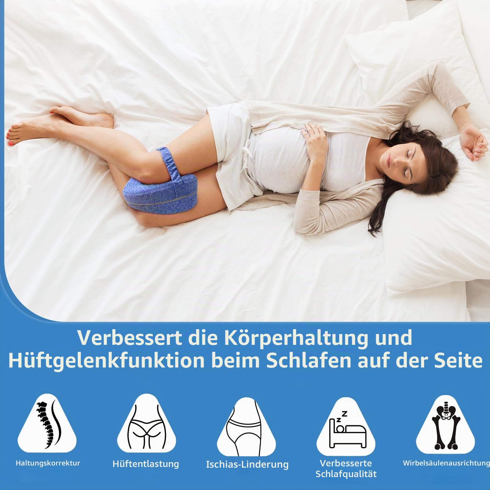 Kniekissen für Seitenschläfer, Beinkissen mit Gummiband, glattes Wirbelsäulenkissen für Seitenschlafen, Oberschenkelkissen mit abnehmbarem und waschbarem Bezug, Hellblau