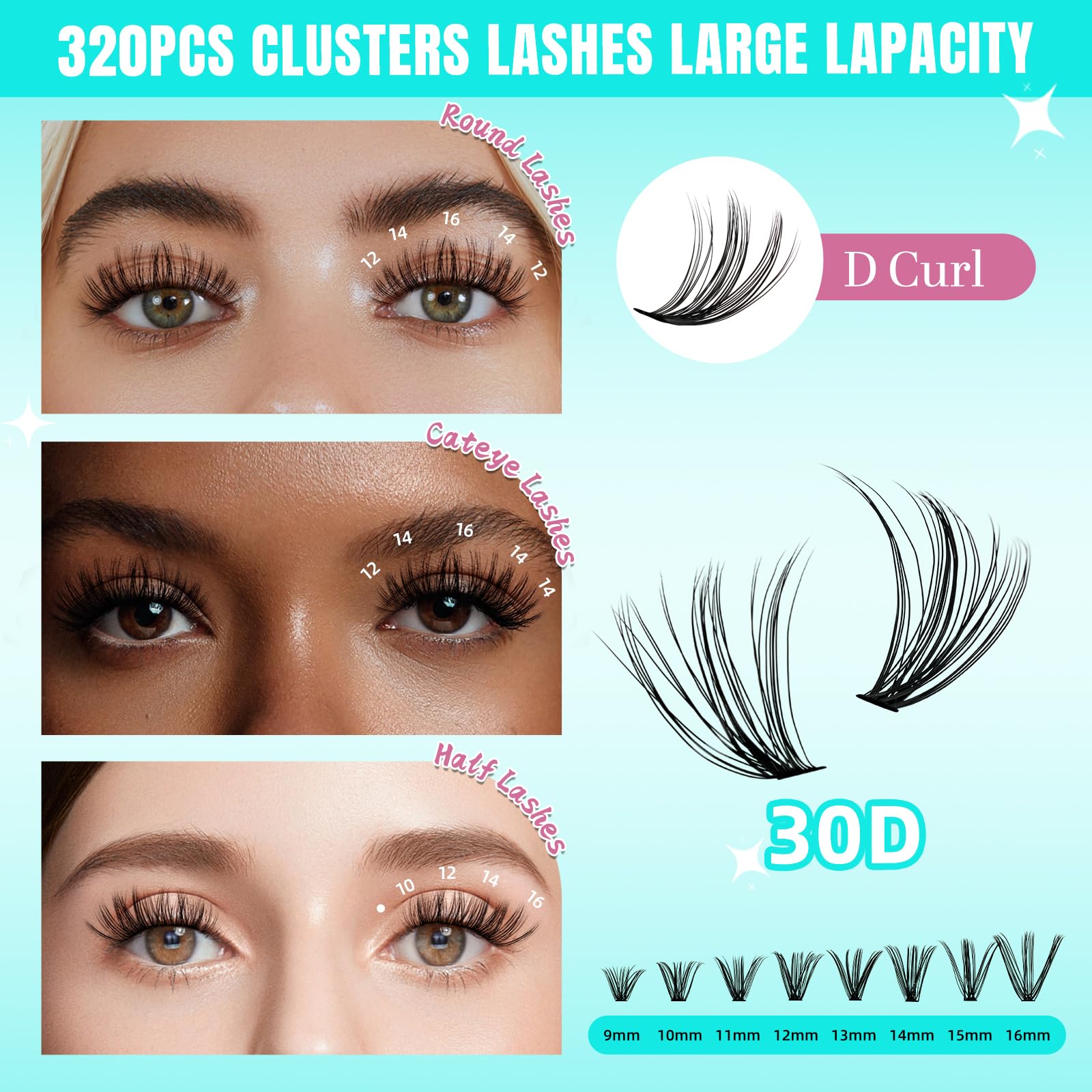 AMZGIRL LASH Ciglia individuali 320Pcs 30D Extension ciglia morbide, ciglia individuali DIY Eyelash Extension Ciglia a grappolo per l'applicazione a casa