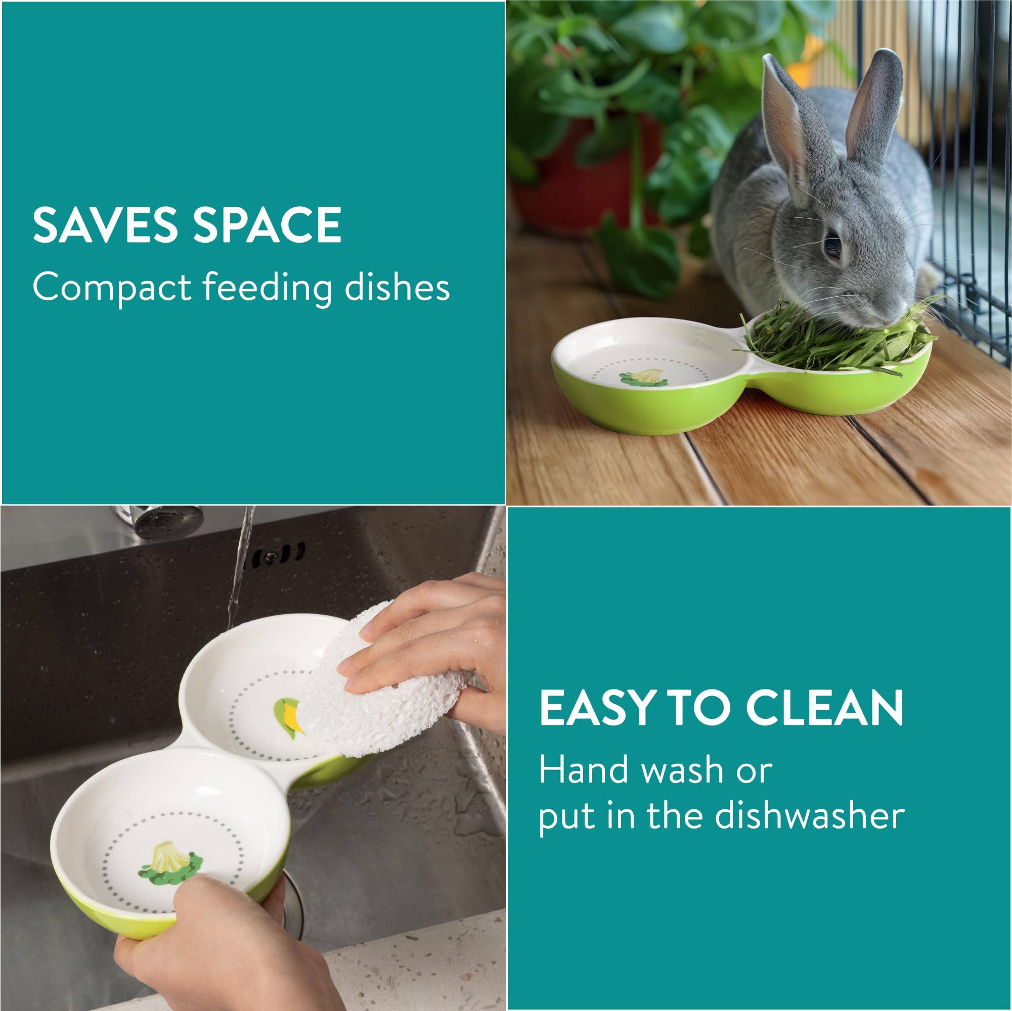 Navaris Comedero para Conejos - Cuenco Doble para Conejo Cobayas Chinchillas Gatitos - Comedero y Bebedero para Mascotas Pequeñas - Cuencos Ceramica Apto Lavavajillas y Microondas