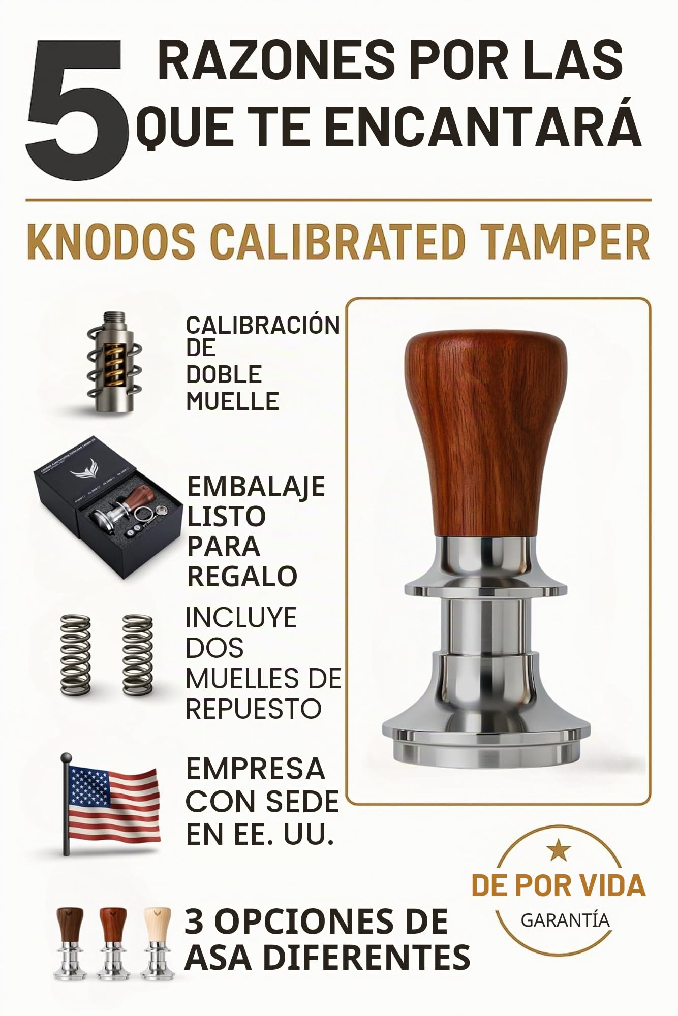 Prensador de café espresso de 54 mm para máquina Breville, palisandro KNODOS de nivelación automática, doble resorte de madera, calibrado de 30 libras