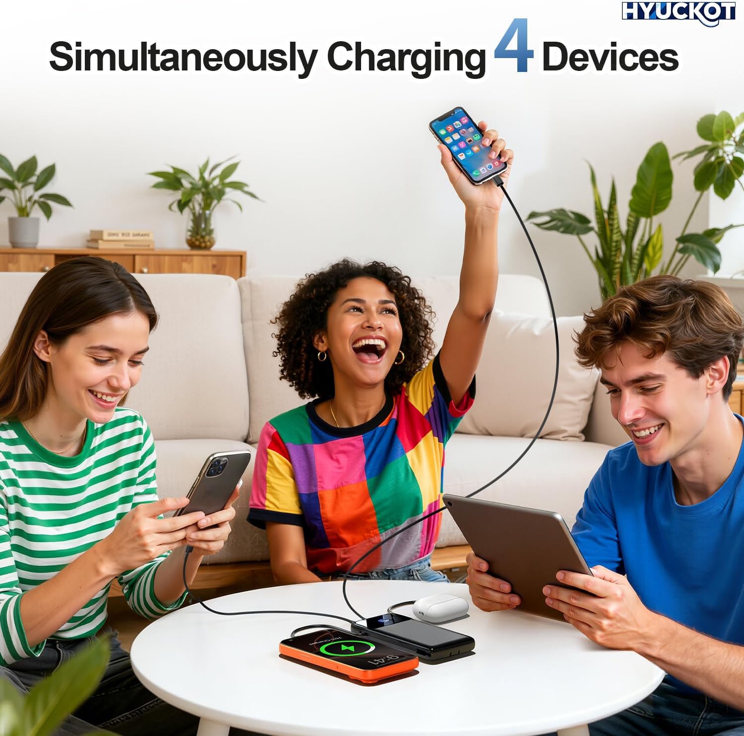 Close-up of the HYUCKOT K11 Portable Charger's built-in iOS, USB-C, and Micro-USB charging cables.