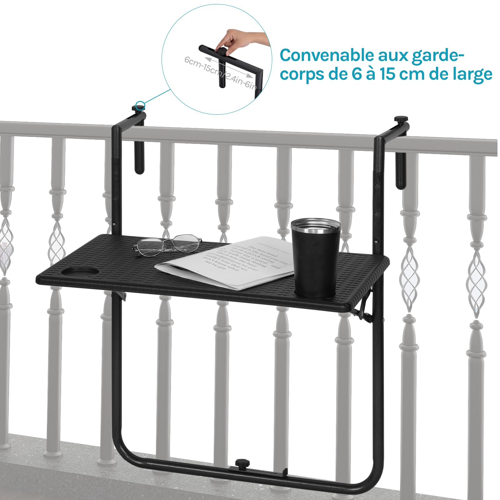 WOLTU Table de Balcon Rabattable et Suspendue, Table Exterieur Pliante avec 3 Hauteurs Réglables, en Aspect Rotin, Cadre en Métal, Noir