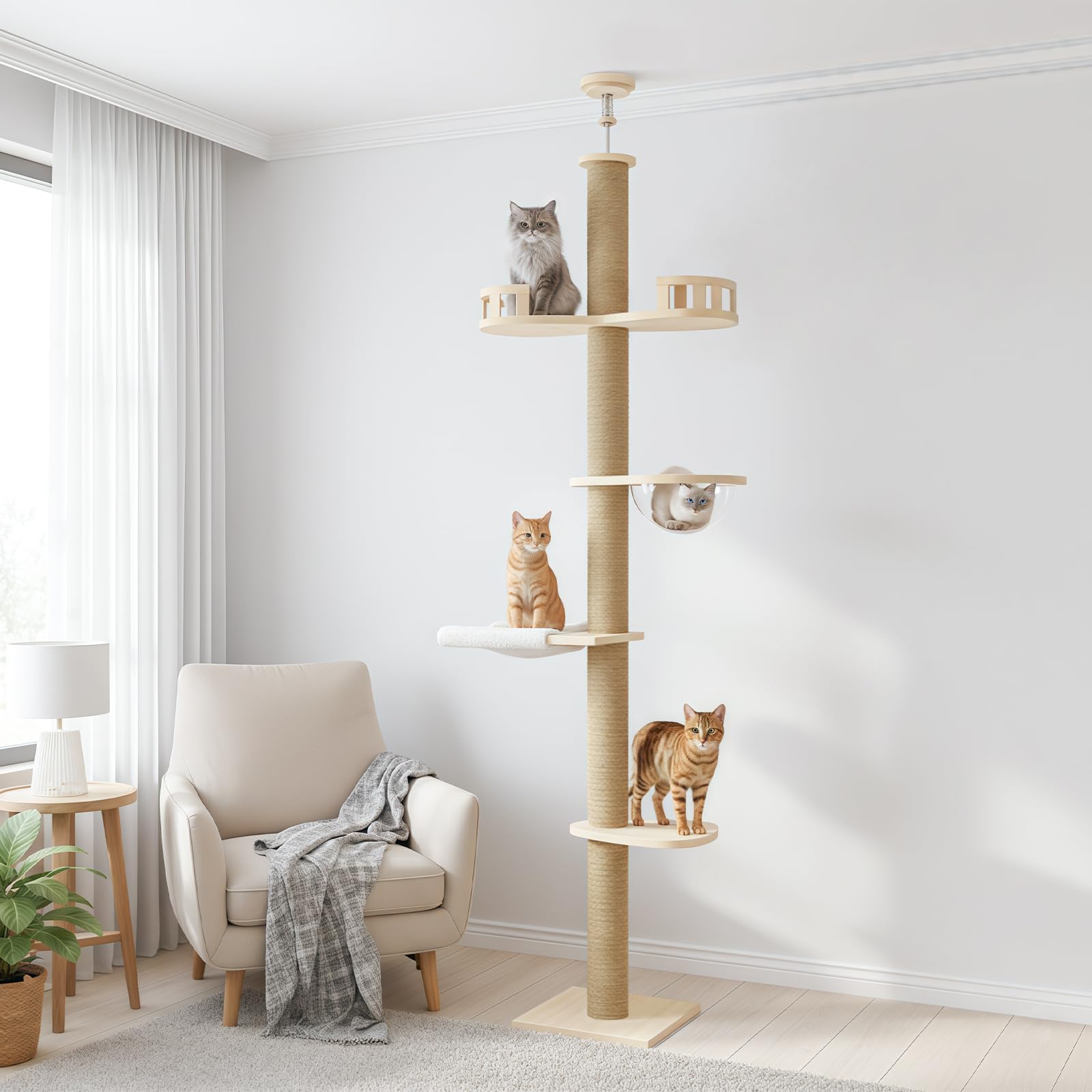 猫用品 キャットタワー 突っ張り 木製 キャットツリー 高さ調整幅235~260cm