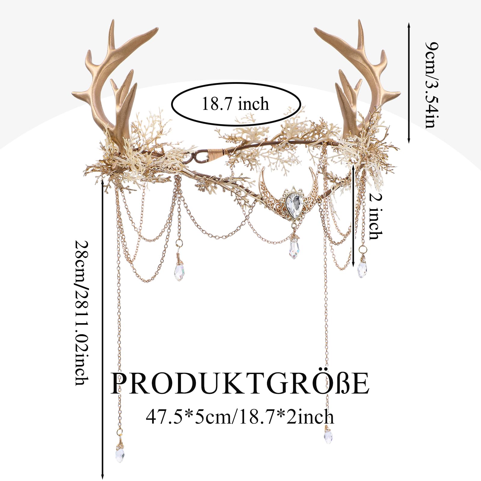 MOSTORY Couronne de fleurs pour costume de chevreuil, couronne de fleurs dorées avec pompon et lune pour cosplay, costume de carnaval