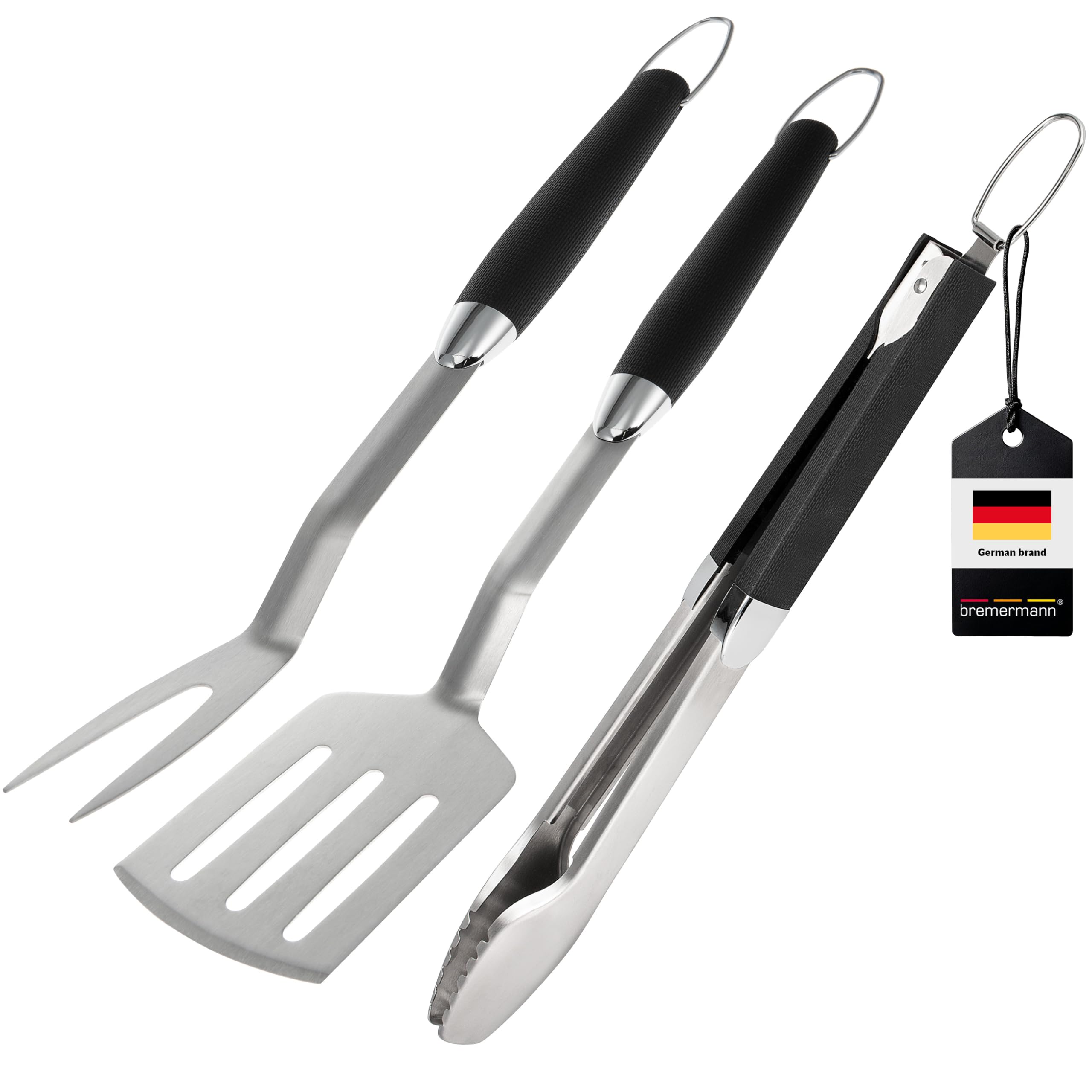 bremermann Set di posate per barbecue, 3 pezzi, pinza, paletta, forchetta per carne, accessori per barbecue in acciaio inox con impugnatura morbida