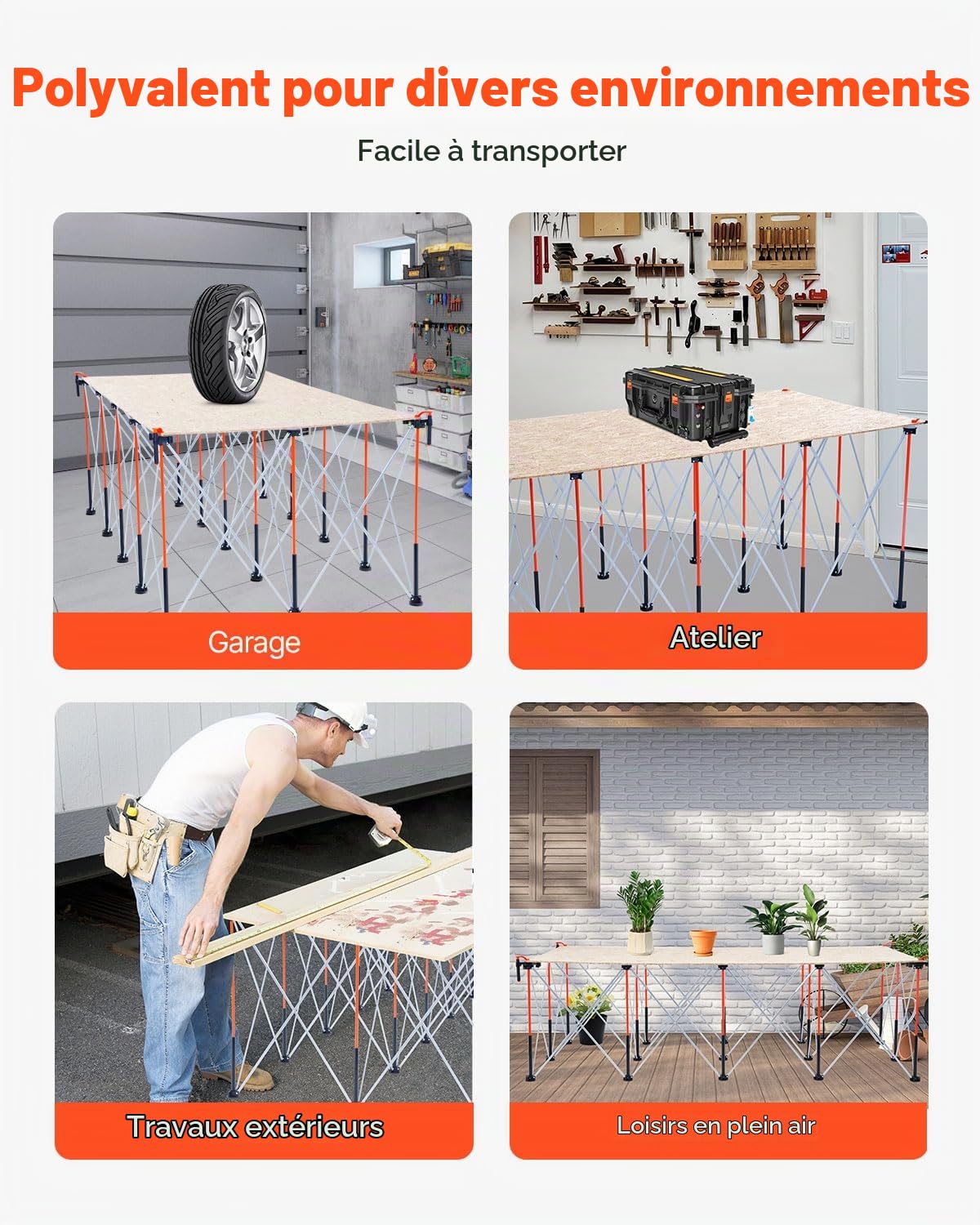 VEVOR Châssis Pliable Établi 244,5x125,5 cm, Support Table de Travail Charge 2724 kg, sans Assemblage, Pied d’Établi Portable avec Sac de Rangement, Plateau de Table Non Inclus, pour Garage Atelier