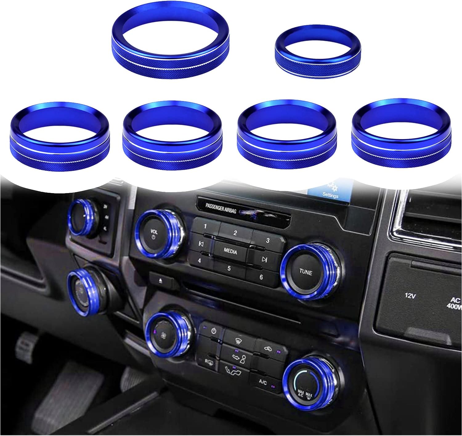 Knob Cover for F150 AC Climate Control Switch/Trailer/4WD/VOL/Tune Button Interior Center Console Trim Accessories Compatible with Ford F150 XLT 2016 2017 2018 2019 (Blue 6 Pcs)