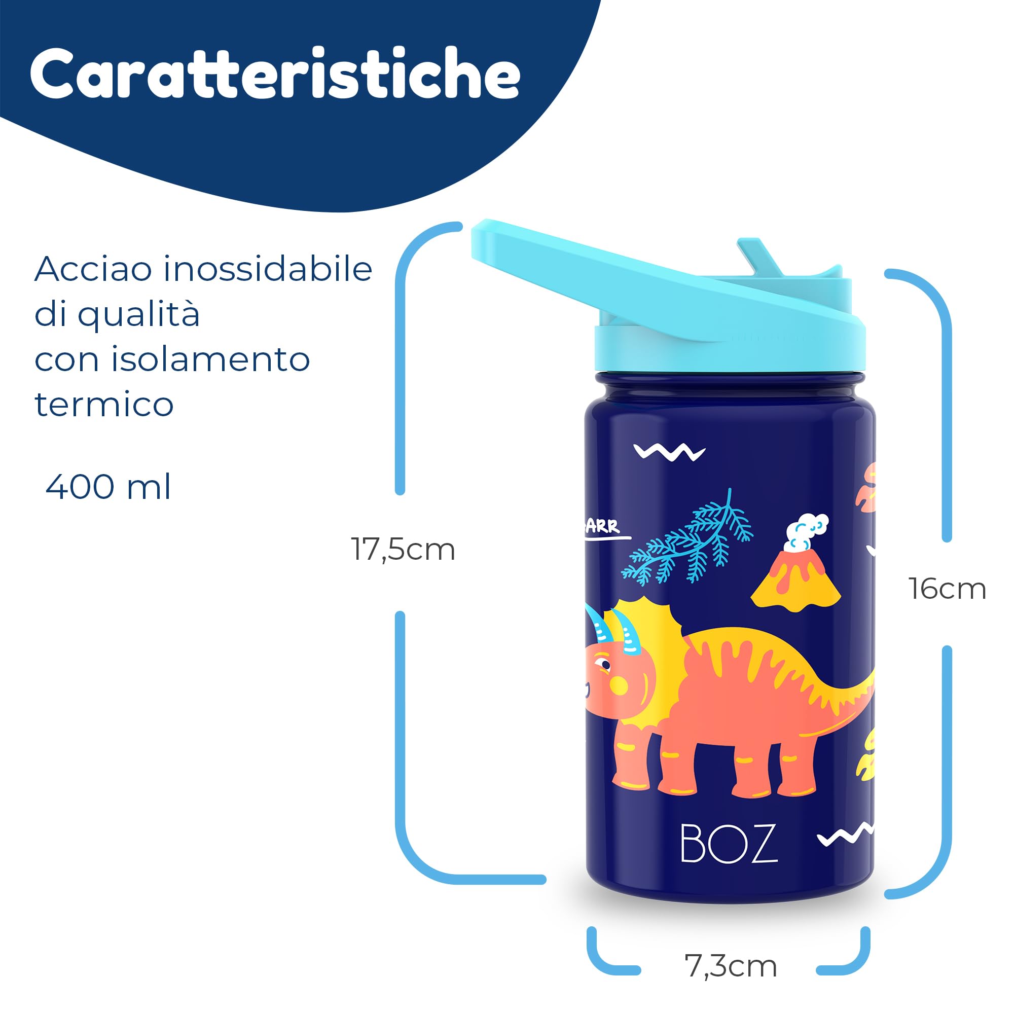 BOZ Borraccia Bambini con Cannuccia e Tappo Antiperdita da 400 ml, Borraccia Termica con Cannuccia Bambini, Lavabile in Lavastoviglie, Plastica Priva di BPA, Stampa Antigraffio (Fantasia Dinosauri)