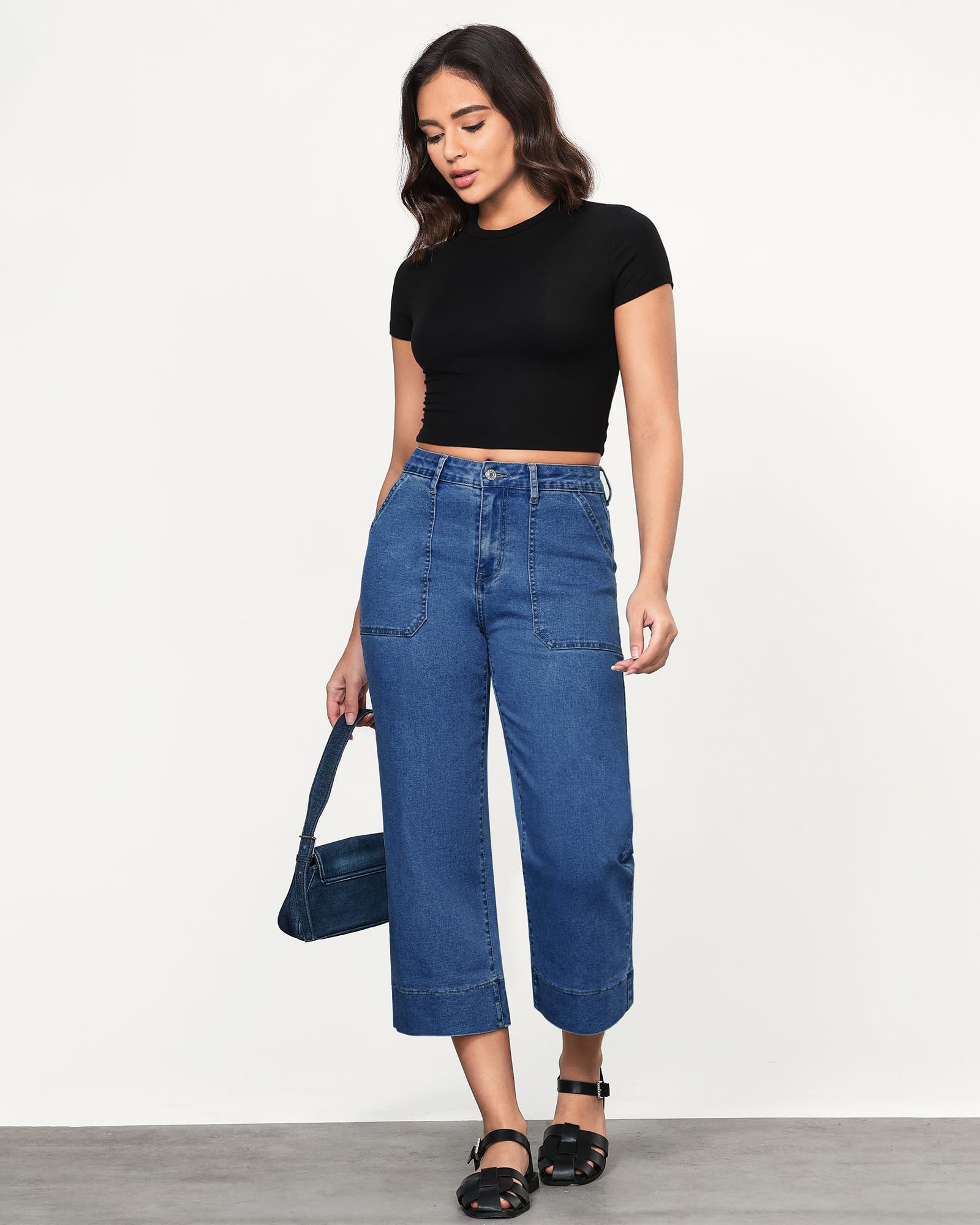 Roskiky Capri Jeans Damen hoch taillierte Jeans mit weitem Bein