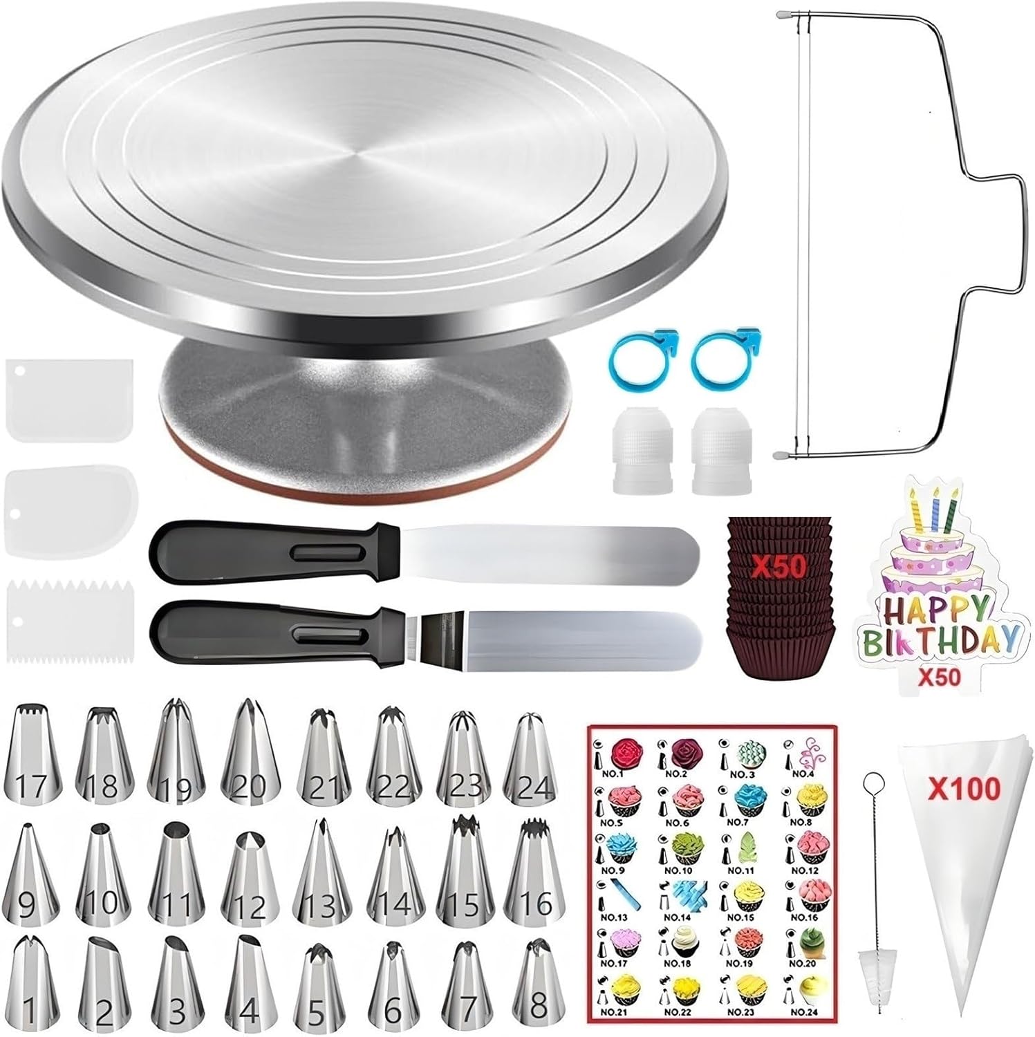 237 Pcs Cake Decorating Kit with Aluminium Cake Turntable,Leveler,24 Numbered Icing Tips,2 Spatulas,3 Scrapers,2 Coupler,50 Cupcake Liners,50 Cake Flags,100 Pastry Bags & More Baking Tools