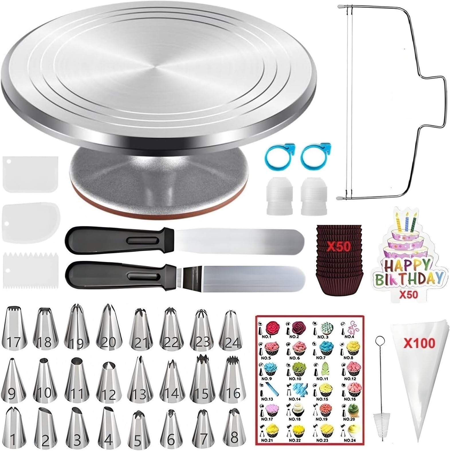 ANSLYQA Cake Decorating Kit, 237 Pcs with Aluminium Cake Turntable, Leveler, 24 Numbered Icing Tips, 2 Spatulas, 3 Scrapers, 2 Coupler, 50 Cupcake Liners, 100 Pastry Bags & More Baking Tools