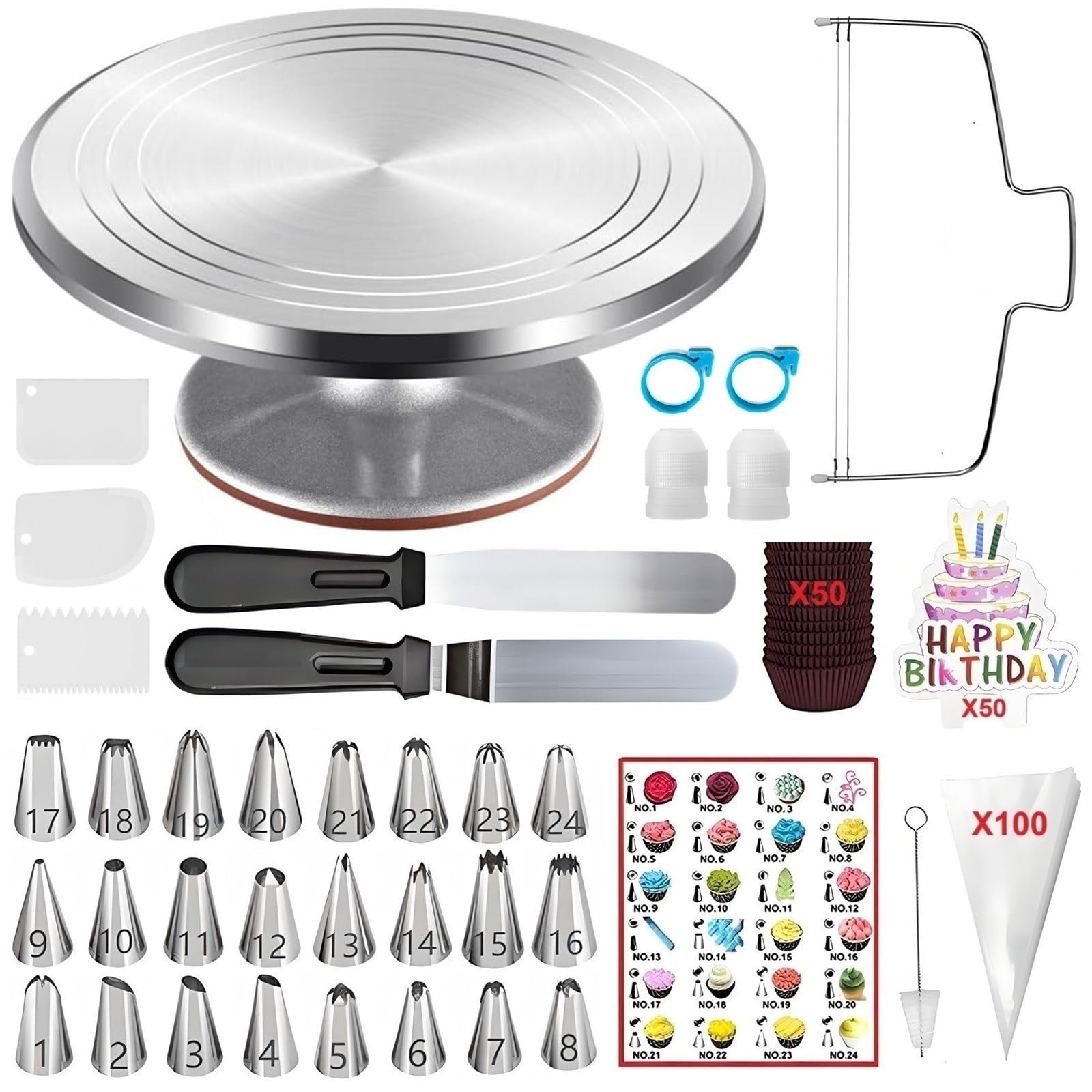 237 Pcs Cake Decorating Kit with Aluminium Alloy Rotating Cake Turntable,Cake Leveler,24 Numbered Icing Tips,2 Coupler,2 Spatulas,3 Comb Scrapers,100 Disposable Pastry Bags