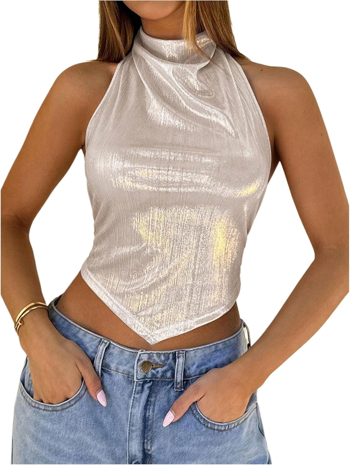 SHENHE Women's Shiny Metallic Open Back Halter Neck Draped Asymmetrical Sexy Party Crop Top