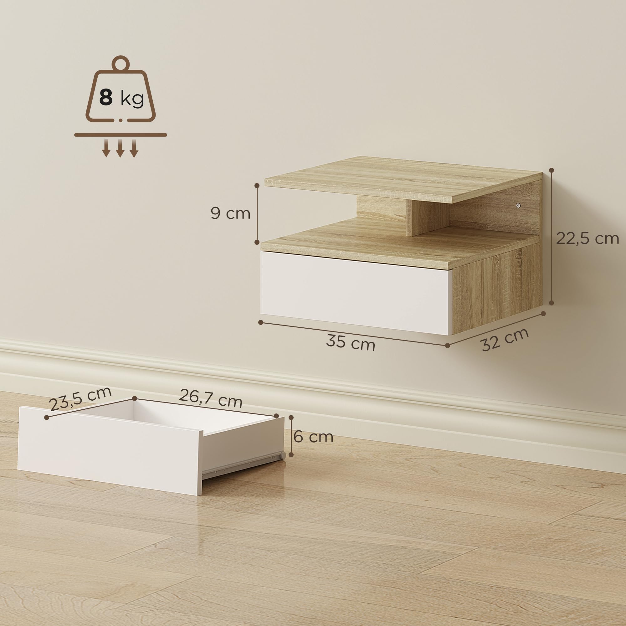 HOMCOM Juego de 2 Mesitas de Noche Flotantes con Cajón, Montado en la Pared, 35x32x22,5 cm, Roble y Blanco