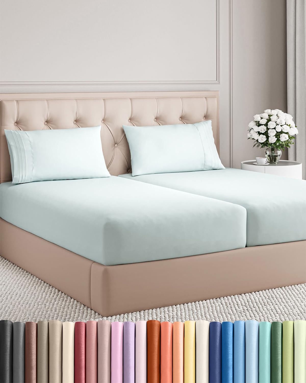 Split King Size 5 Piece Sheet Set - Breathable &amp; Cooling Sheets - Ice Blue