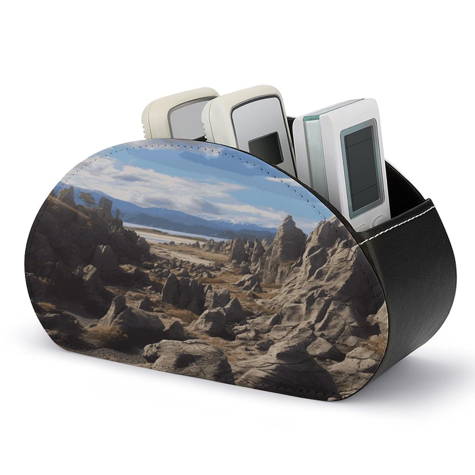 FekiLoot Rocks Scenic Remote Control Holder, PU Leather Remote Control Organizer Box Stationery Remote Control Box Desk Storage Organizer for DVDs,Glasses,Pens,Media Players