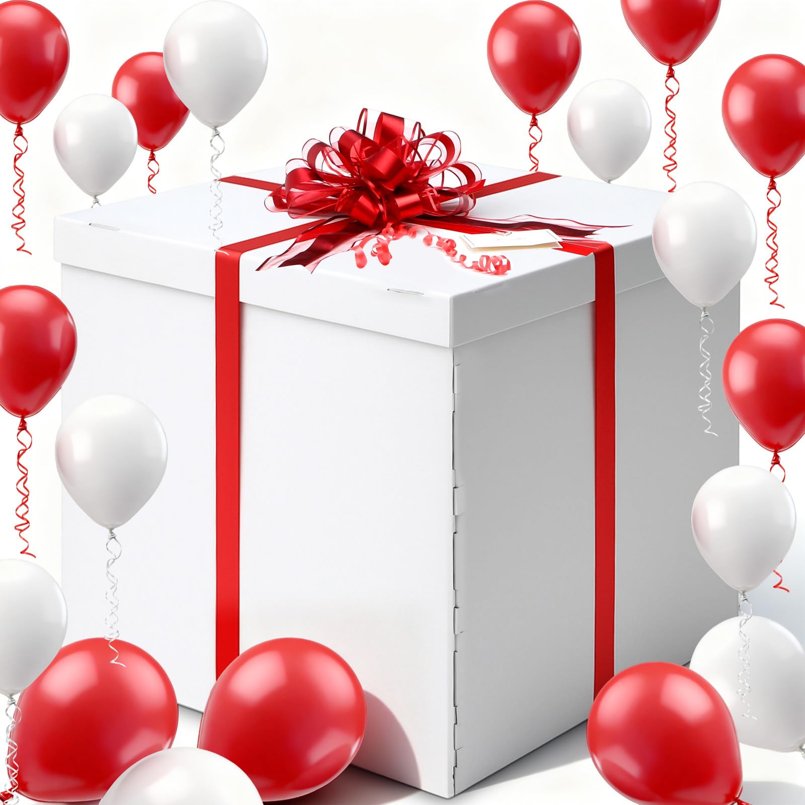 Kolldenn Boîte cadeau de Noël géante extra large 71 x 71 x 71 cm avec couvercle, ruban rouge et blanc, carte de vœux et 100 ballons pour grands cadeaux pour Noël, anniversaire surprise