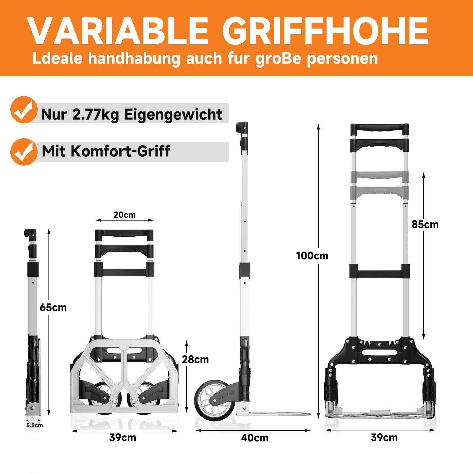 Homelux Sackkarre Klappbar bis 75 kg belastbar | Aluminium Transportkarre Klappbar, Mit 2 Expanderseil & Höhenverstellbarer Griff