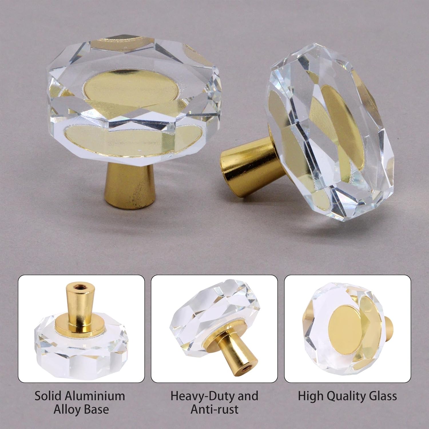 Glass Crystal Cabinet Knobs, 6PCS Drawer Knobs Pulls, Gold Solid Base Dresser Knob, Furniture Hardware Handle for Kitchen Cabinets Drawers Dresser Bathroom Cupboard Wardrobe Closet
