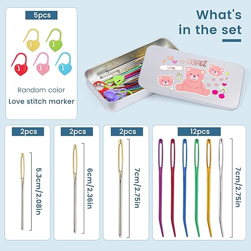 Miniatura 2 de Kit de 24 agujas de tapiz dobladas, agujas de hilo, agujas de coser grandes para ojos, agujas de coser a mano de acero inoxidable con agujas romas,