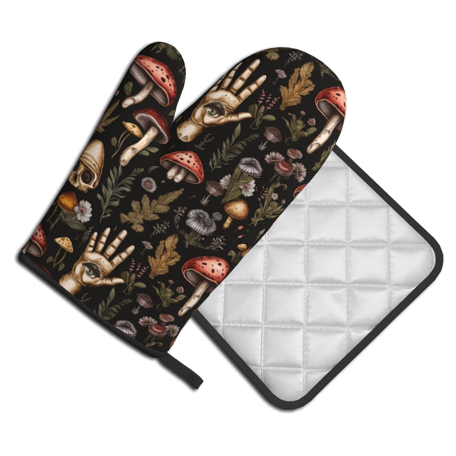 Mingnei Ofenhandschuh & Topflappen Set – Totenkopf-Pilz Design, Hitzebeständig Bis 220°C, Maschinenwaschbar