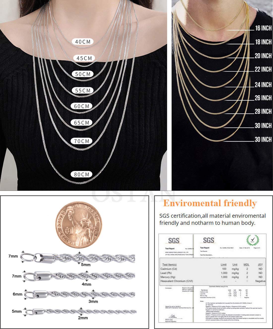 OSTAN Collana da Uomo Donna Catena di Corda Intrecciata Collegamento in Acciaio Inossidabile Larghezza 2.0-5.0 MM Lunghezza 45-80 CM Argento