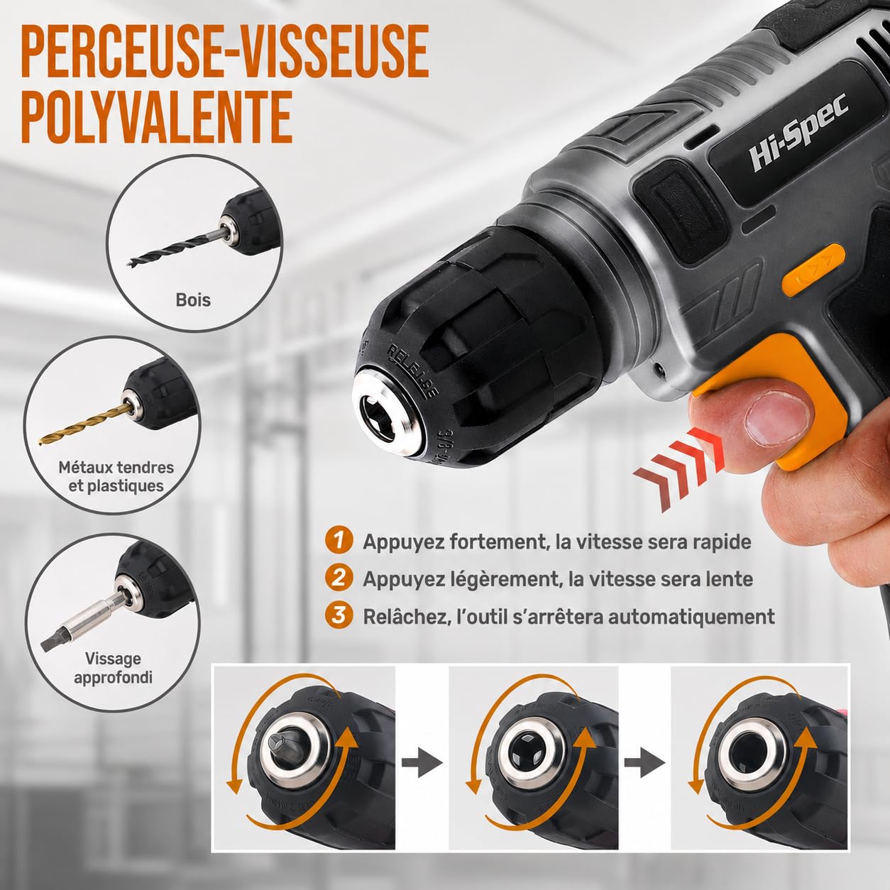 Hi-Spec Perceuse-Visseuse Sans Fil 8V avec Kit 75 pcs, Recharge USB, Batterie 1500mAh, Couple 10Nm, Vitesse 800 tr/min, LED, Légère pour Bricolage Maison, Gris