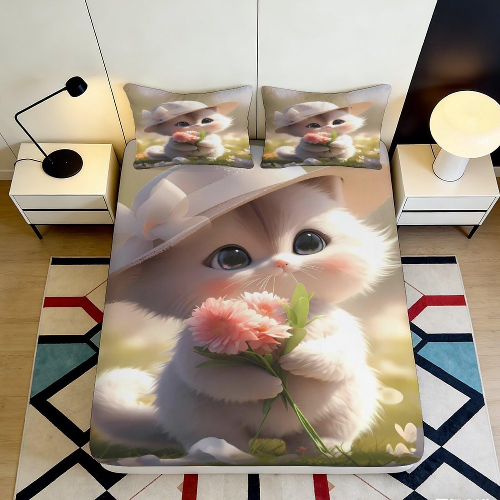 Tjiqhvmrn Style-4 3D Printed Cute Cat Flower Fitted Sheet Microfiber Deep Pocket Non-Slip Bedroom Bedding Warm Cat Mattress Fitted Cover Full Wrap Washable For Adults Teens 90X200x25cm