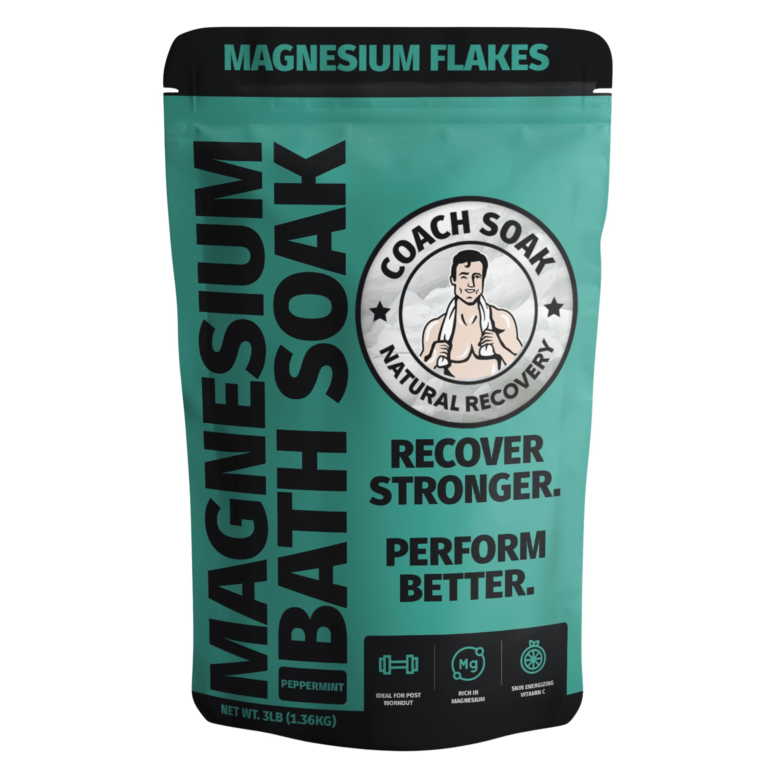 Coach Soak Recovery Bath Soak - Alternative to Epsom Salt Bath Soak - Fast-Absorbing Pure Magnesium Flakes & Dead Sea Salt with 21 Minerals, Bath Salts & Essential Oils - 3 lb, Cooling Peppermint