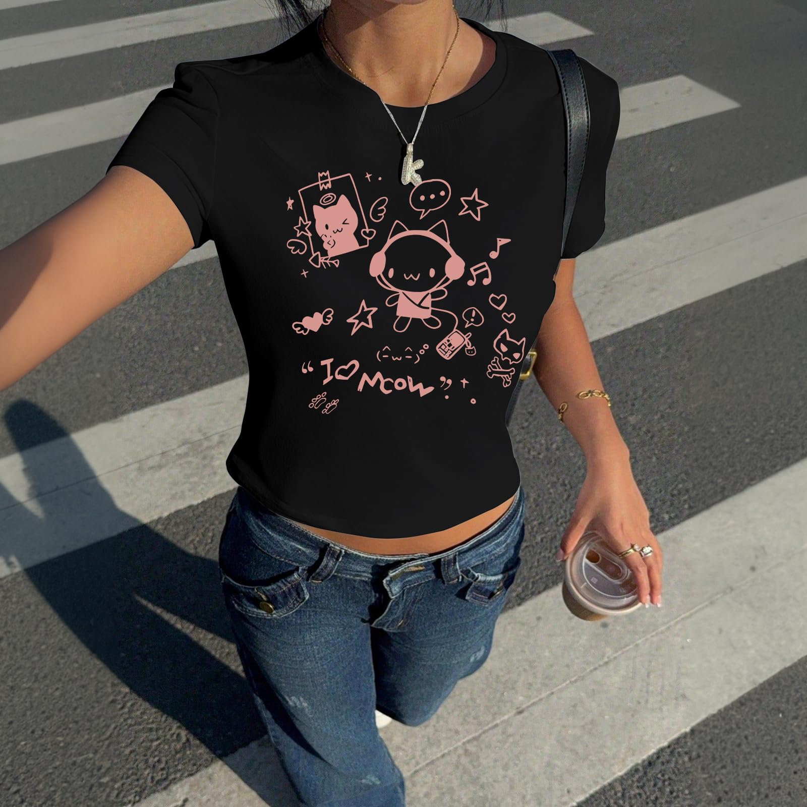 Oiiaayy Cute Baby Tees for Women Cat Kawaii Y2k Graphic Crop Top Harajuku Cartoon T Shirts Teen Girls Aesthetic Grunge Shirts: Black Small