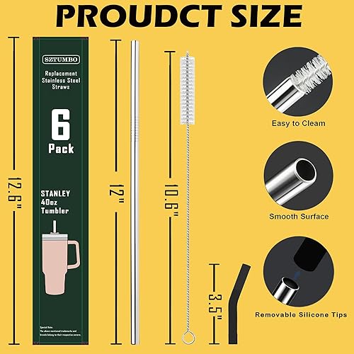 Miniatura 2 de Sztumbo Paquete de 6 popotes rectos de acero inoxidable reutilizables de 12 pulgadas, con 6 puntas de silicona y 2 cepillos de limpieza para vaso