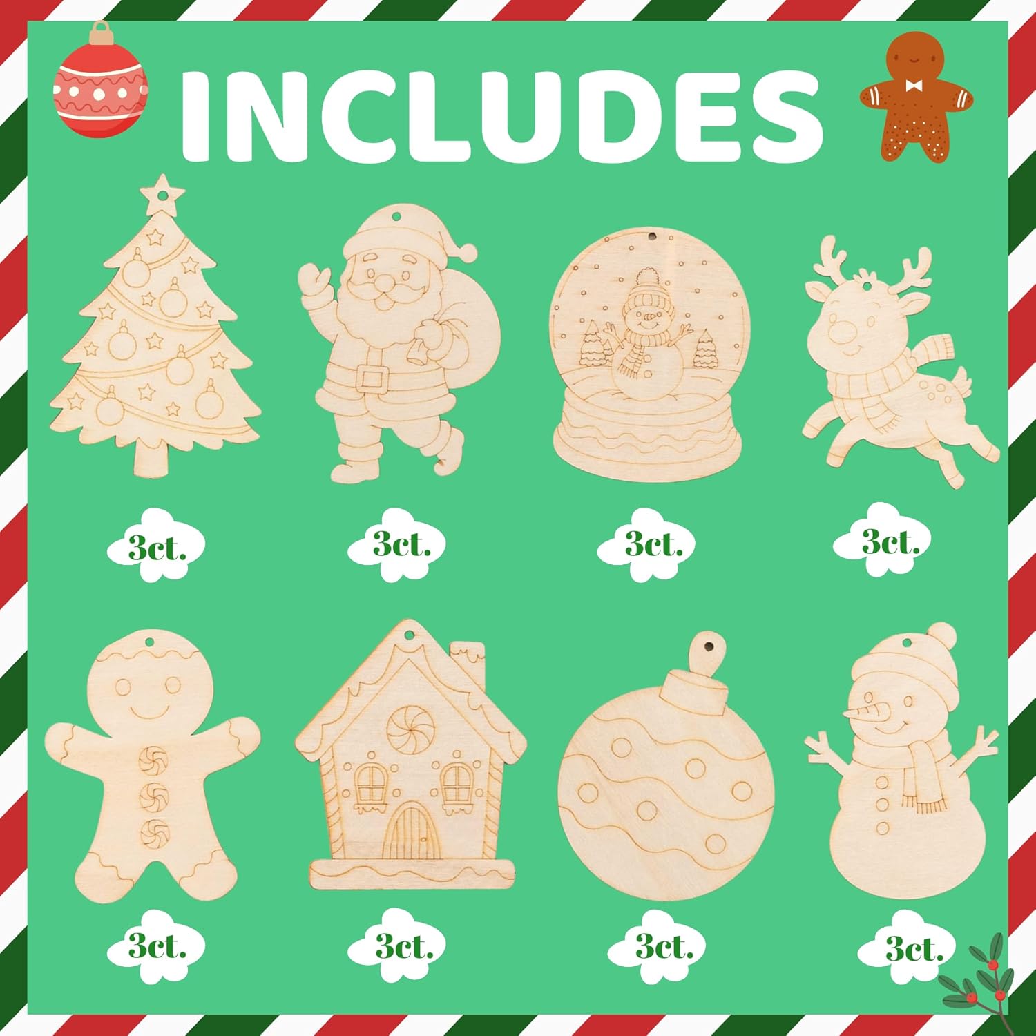 GEECOZYLIFE Christmas Crafts for Kids - 24 Pcs DIY Christmas Ornament Painting Kit - Wooden Santa, Tree & Reindeer Crafts, Stocking Stuffers Toys & Party Supplies