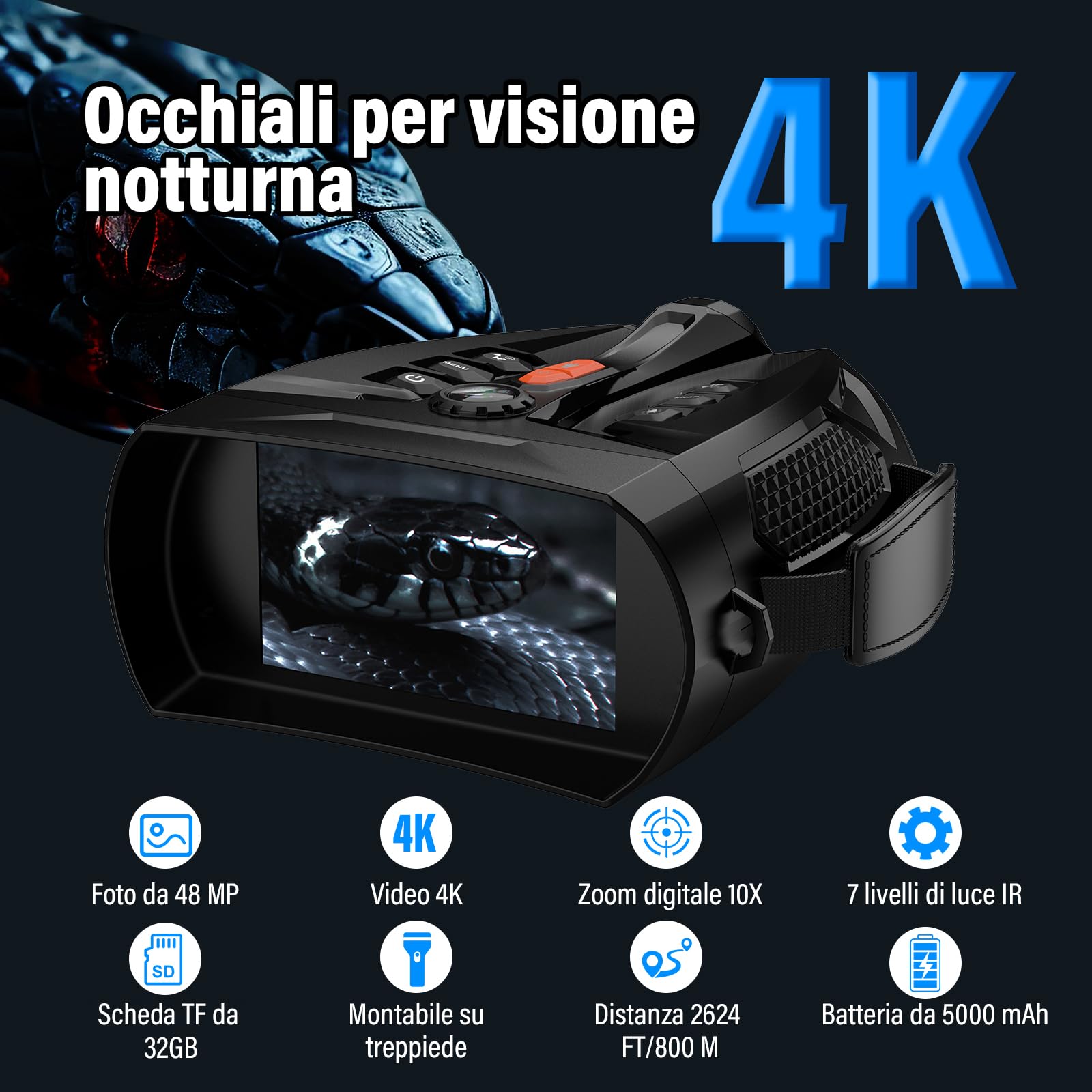 Visore Notturno, Display HD Da 4" Binocolo Visione Notturna 4K, Zoom Digitale 10X Visione Notturna 800M, 5000mAh Binocolo Visore Notturno a Infrarossi Da 5 W Per Il Campeggio, Caccia