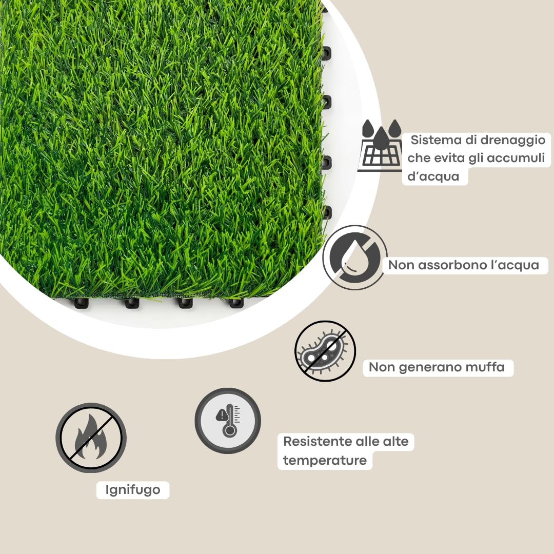 ActivoTex Piastrelle Da Giardino 30x30 cm 10 Pezzi – Pavimento Esterno Ad Incastro con Erba Sintetica, Pavimento Giardino per Balcone, Patio e Terrazza, Drenante e Facile da Installare