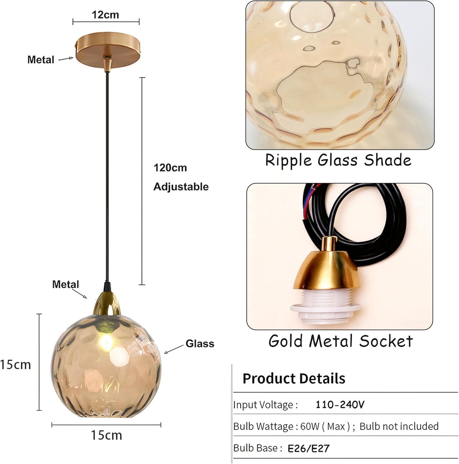 15cm/5.9’’ Industrial Vintage Spherical Glass Pendant Light, E26 Ceiling Hanging Lamp, Gold Finish & Ripple Glass Globe Shade, Dining Room Bedroom Chandelier (Amber)
